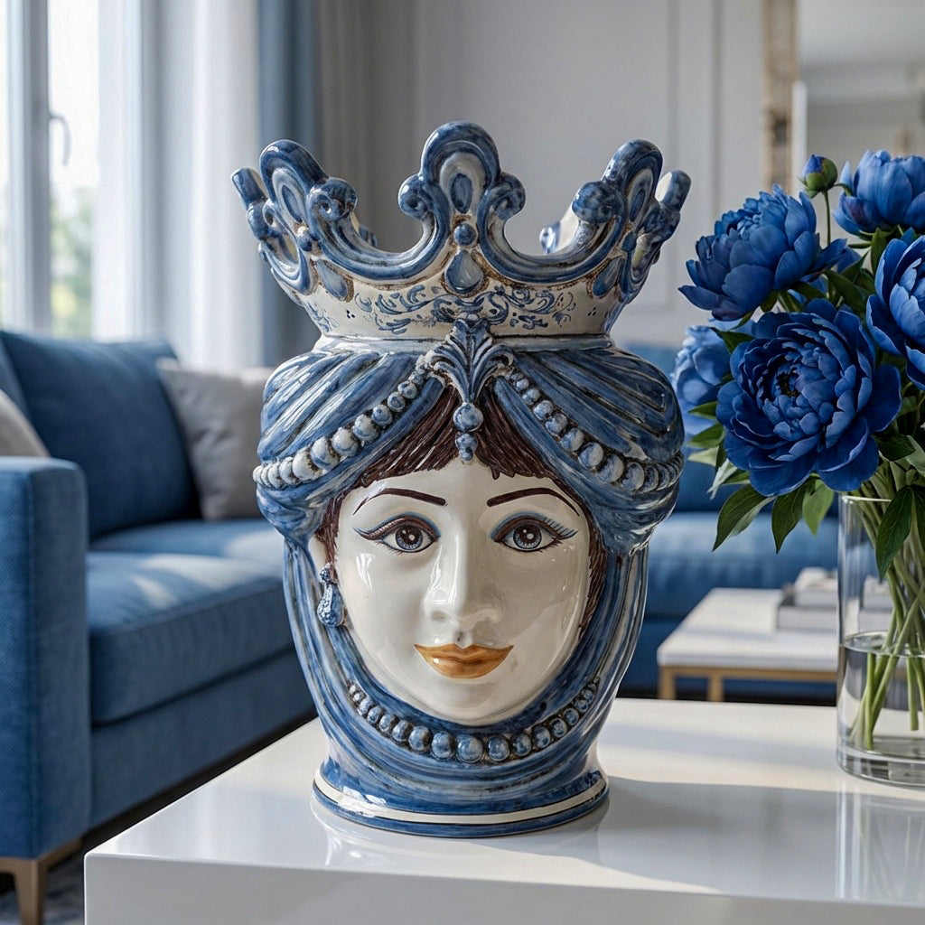 Testa di Moro con Perline, Donna, Mono Blu. Ceramica siciliana di Caltagirone, Sofia