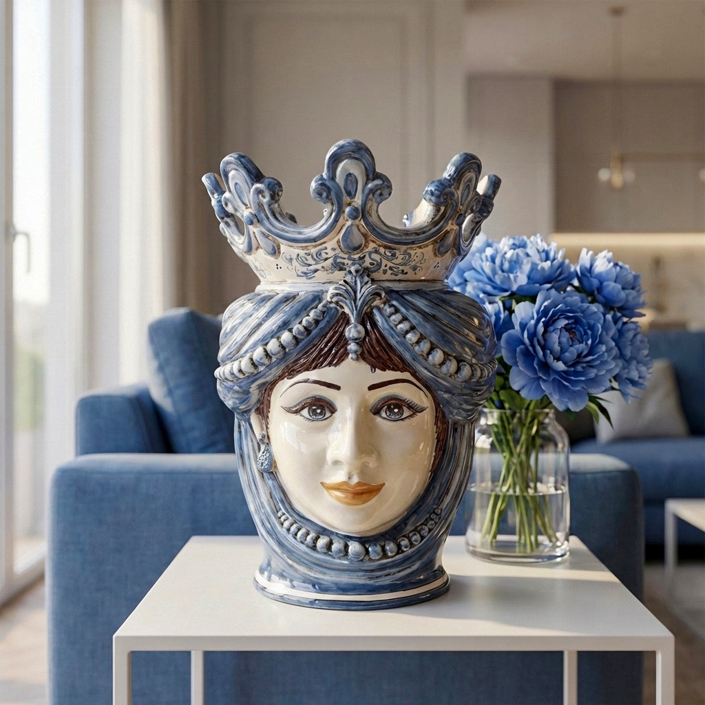 Testa di Moro con Perline, Donna, Mono Blu. Ceramica siciliana di Caltagirone, Sofia