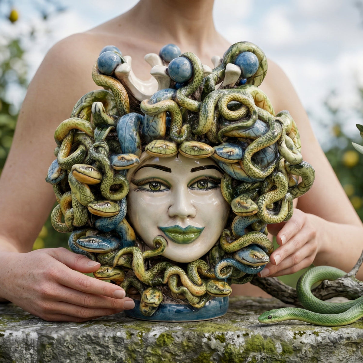Testa Medusa h 25 cm - con Perline Blu e Labbra verdi - Madreperla colorato | Ceramica Caltagirone