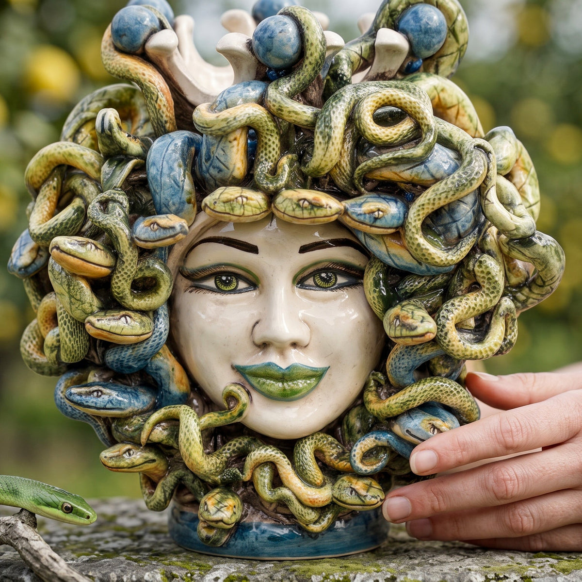 Testa Medusa h 25 cm - con Perline Blu e Labbra verdi - Madreperla colorato | Ceramica Caltagirone