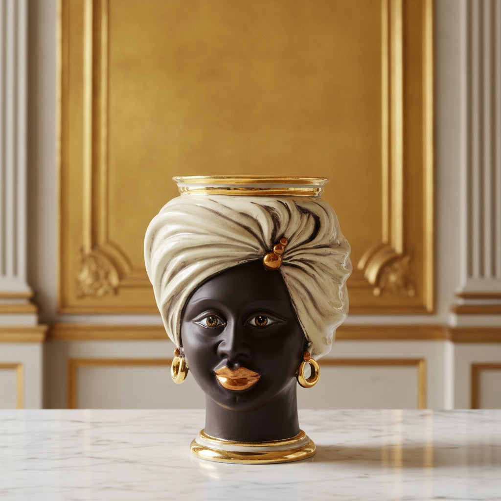 Testa Tuareg, Donna, Madreperla Antichizzato Oro e Lustri, turbante, oro zecchino. Ceramica siciliana di Caltagirone, Sofia