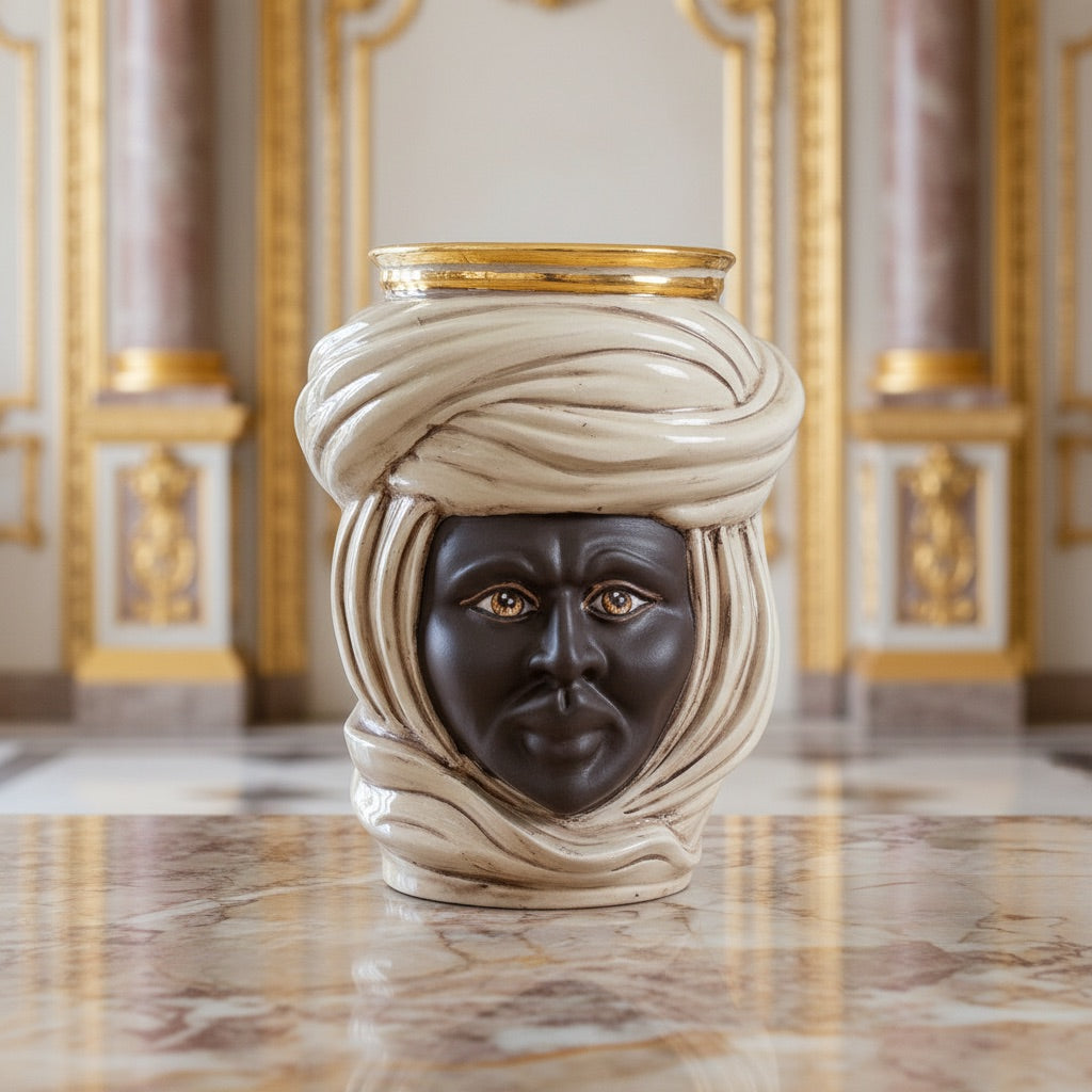 Testa Tuareg, Uomo, Madreperla Antichizzato Oro e Lustri, turbante, oro zecchino. Ceramiche Sofia, Caltagirone
