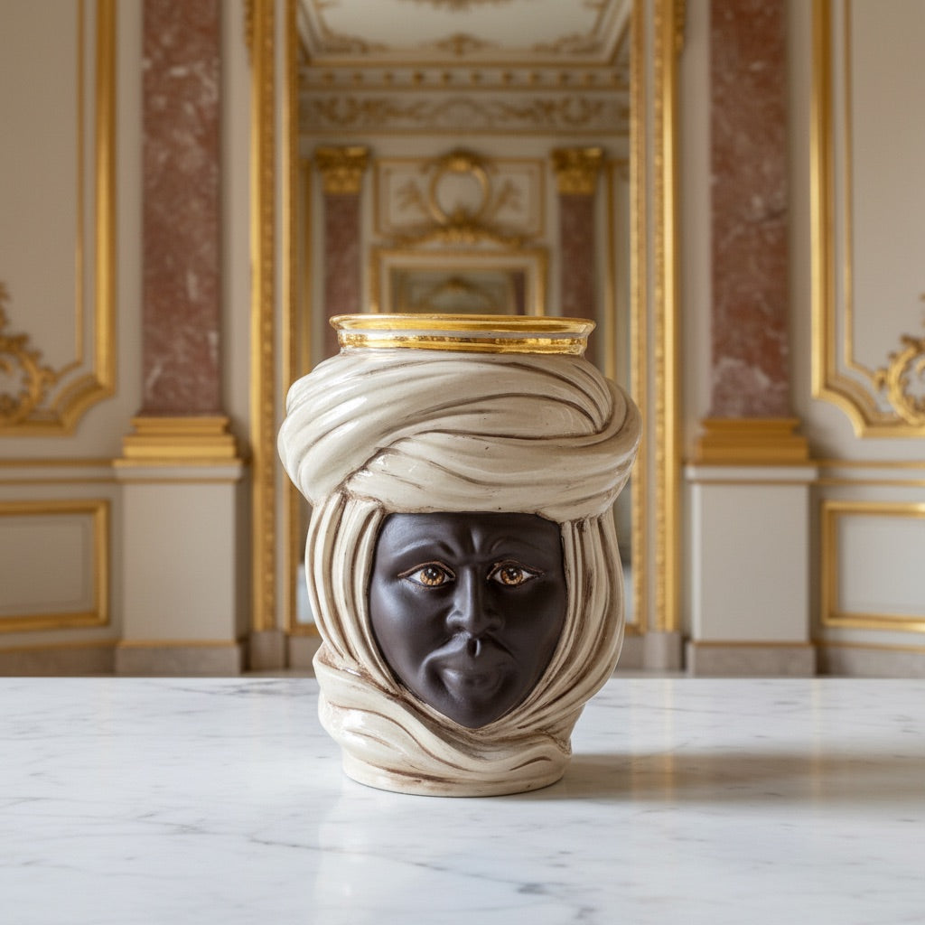 Testa Tuareg, Uomo, Madreperla Antichizzato Oro e Lustri, turbante, oro zecchino. Ceramiche Sofia, Caltagirone
