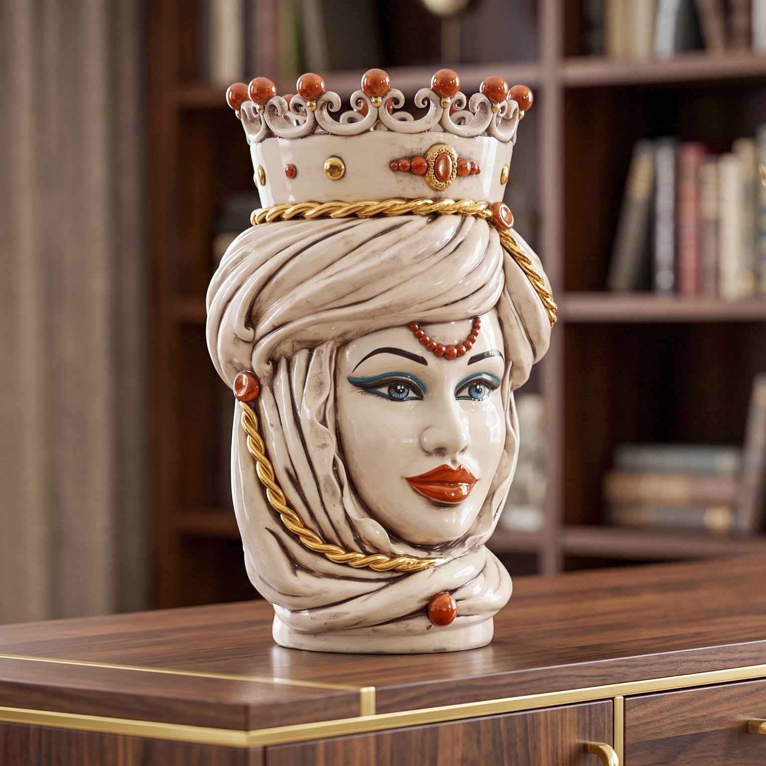 Testa di Moro, Donna, Madreperla Antichizzato Oro e Lustri, oro zecchino. Ceramica siciliana di Caltagirone, Sofia