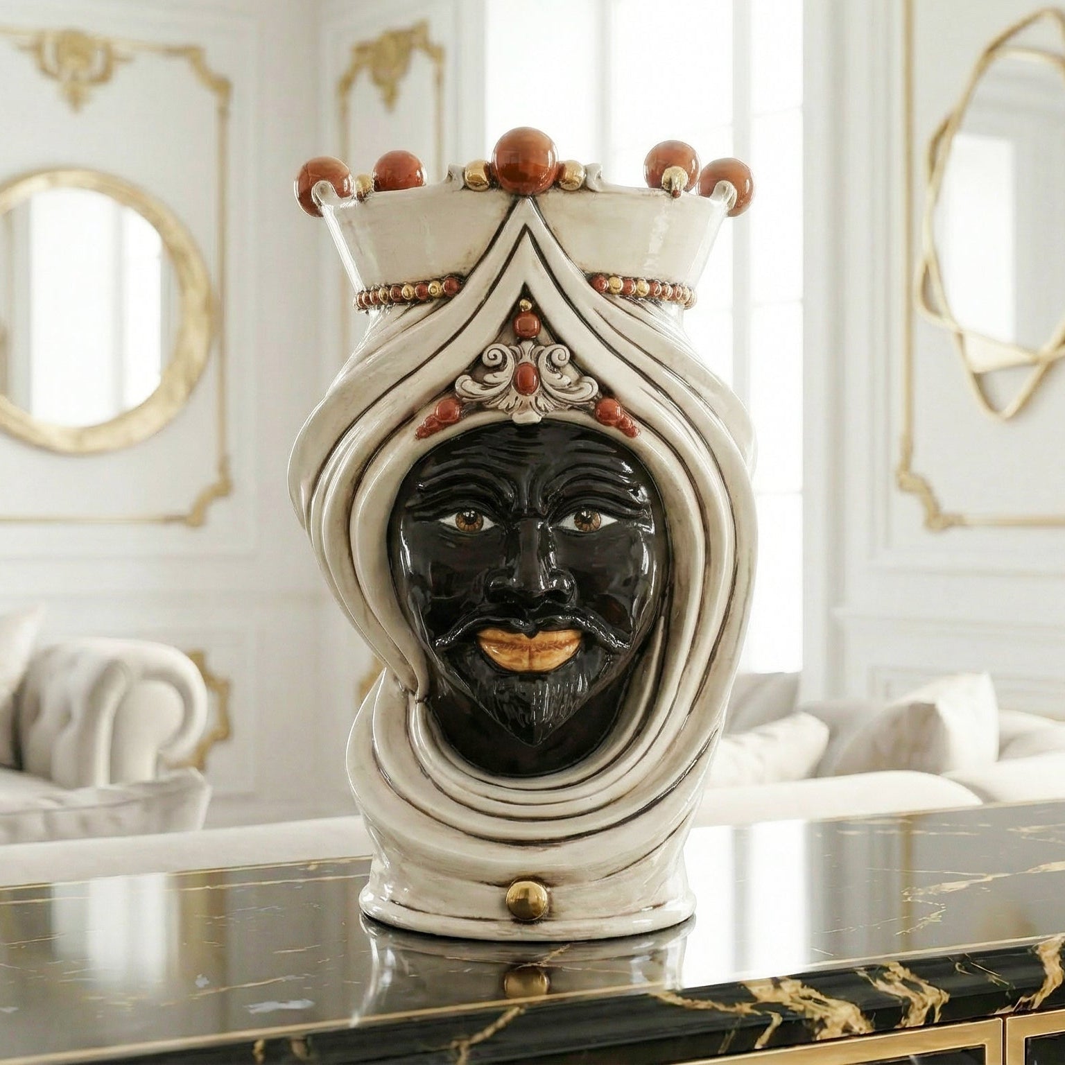 Testa di Moro con Turbante, Maschio Moro, Madreperla Antichizzato Oro e Lustri, oro zecchino. Ceramiche Sofia, Caltagirone