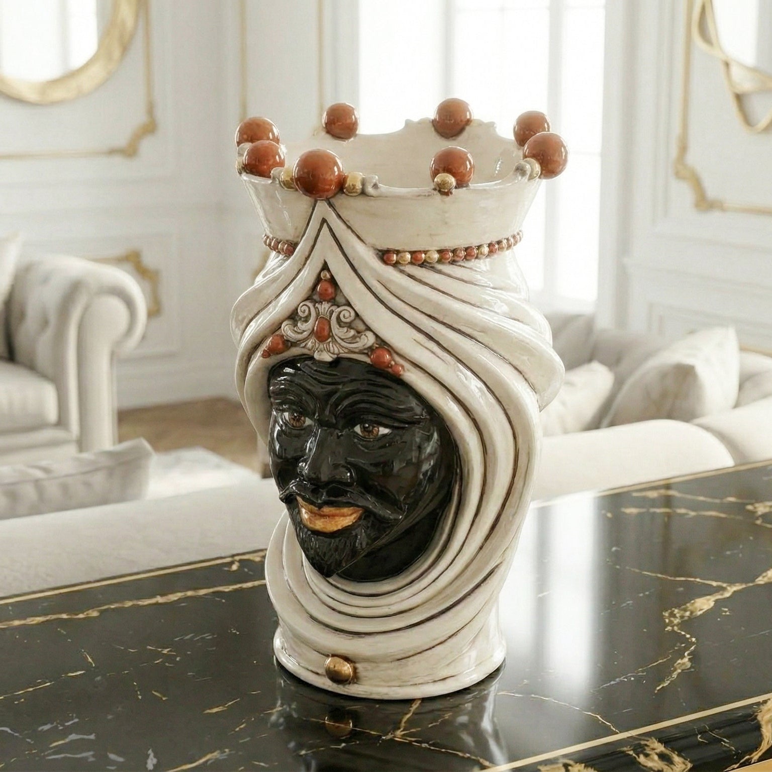 Testa di Moro con Turbante, Maschio Moro, Madreperla Antichizzato Oro e Lustri, oro zecchino. Ceramiche Sofia, Caltagirone