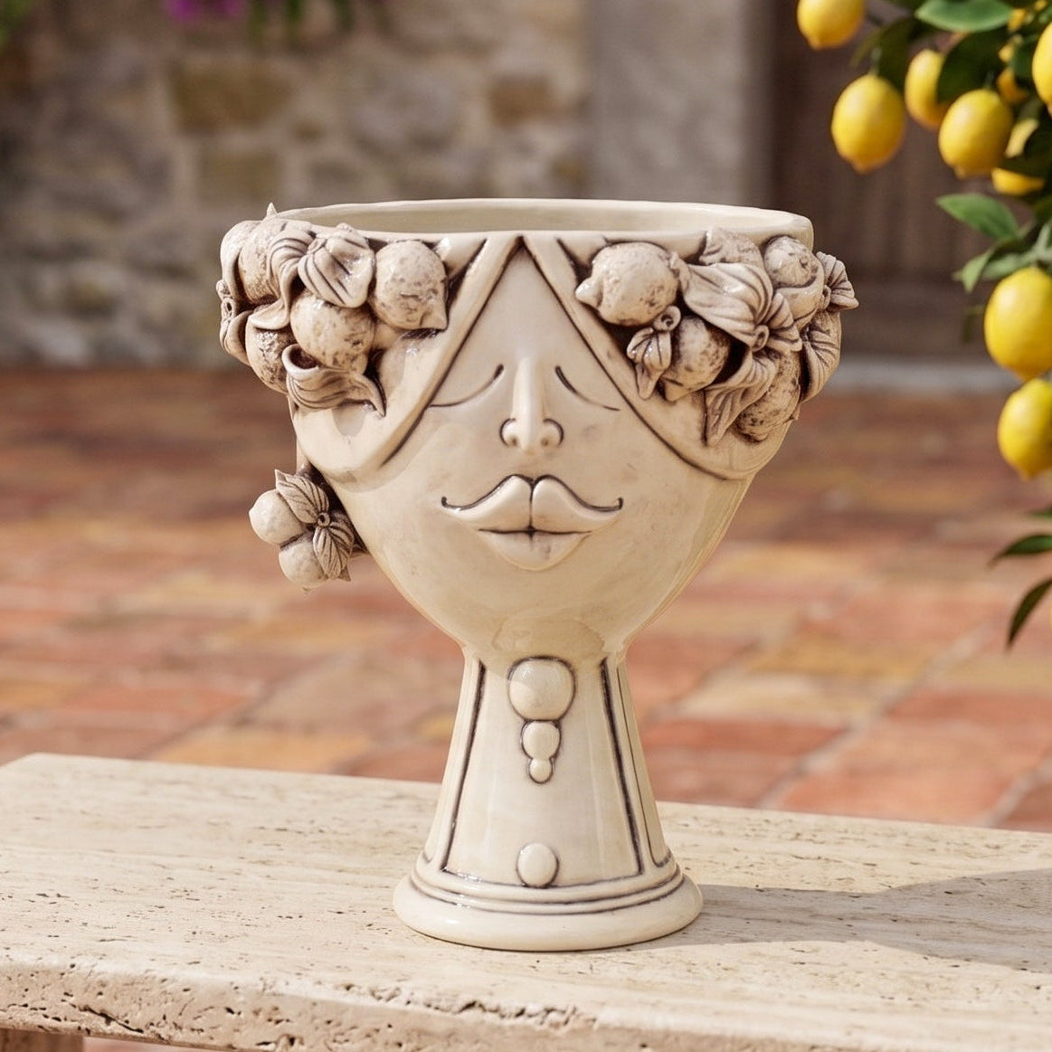 Testa Zahira con Limoni h 30 cm - Donna, Madreperla Antichizzato | Ceramica Caltagirone