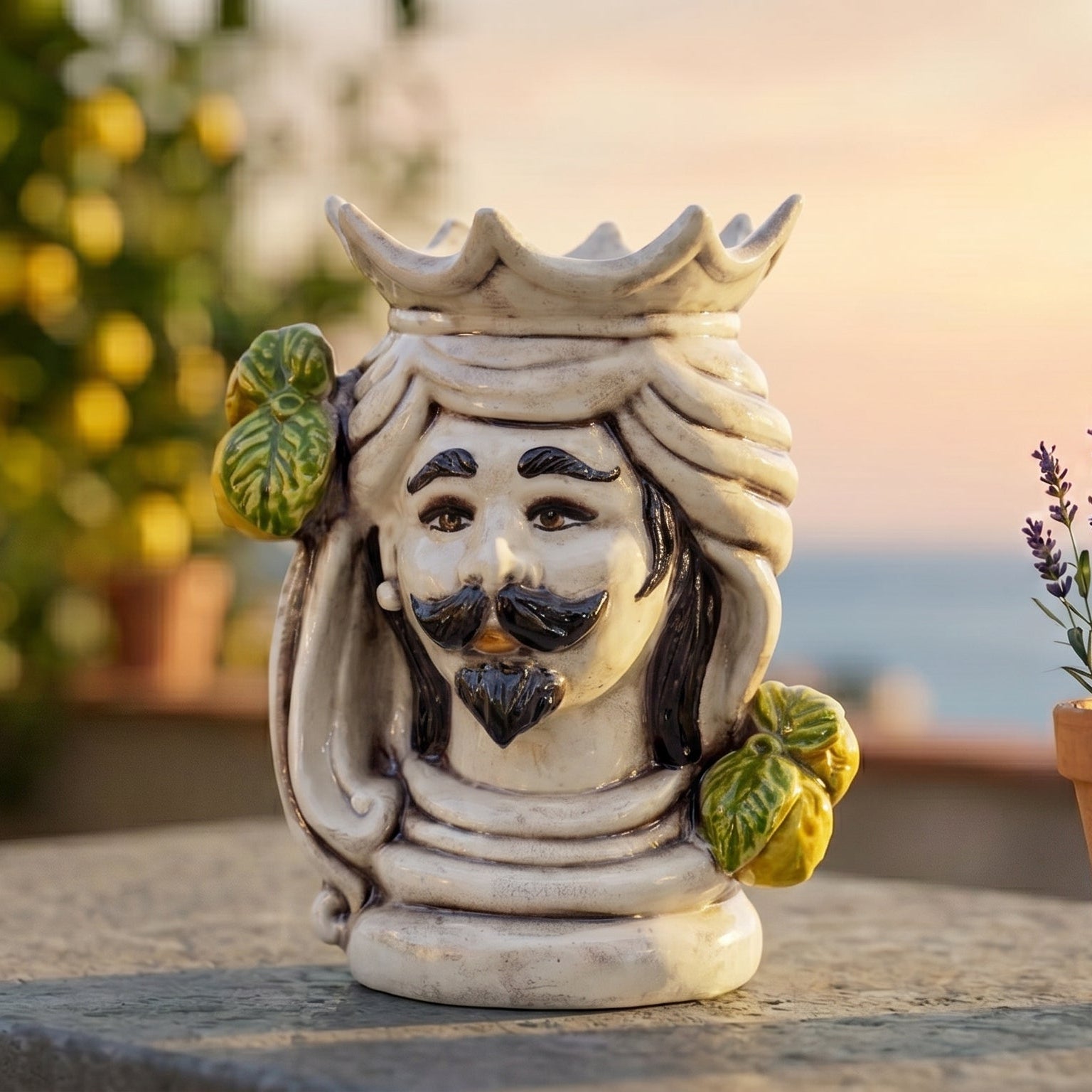 Testa di Moro, Maschio Bianco, Limoni di Sicilia, Madreperla Colorato, corona, volto. Ceramiche Sofia, Caltagirone