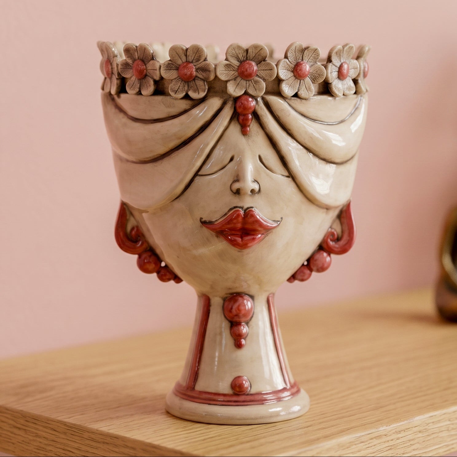 Testa Zahira con Fiori h 30 cm - Donna, Madreperla Antichizzato | Ceramica Caltagirone