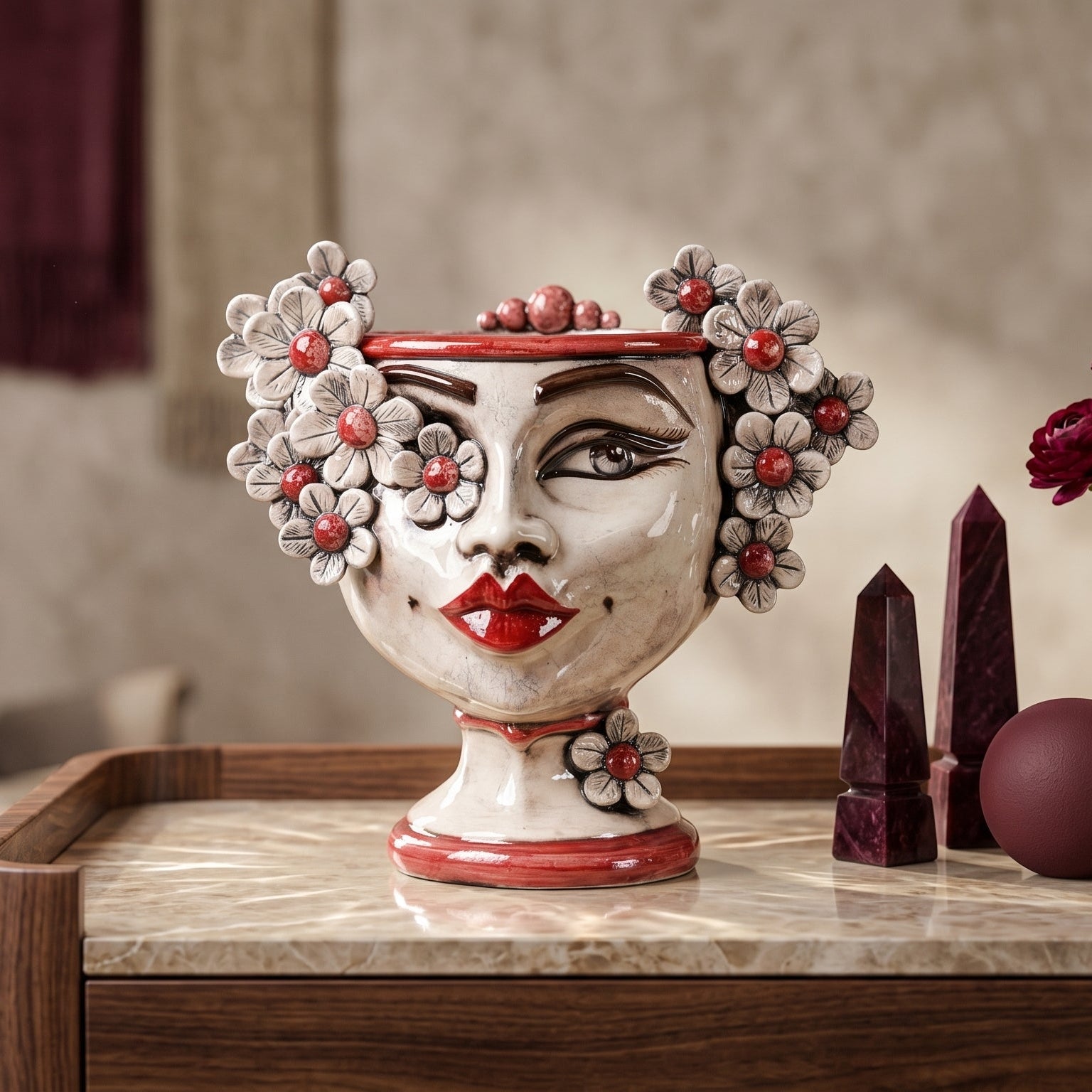Testa di Moro con Fiori, Donna, Madreperla, volto, labbra. Ceramiche Sofia, Caltagirone