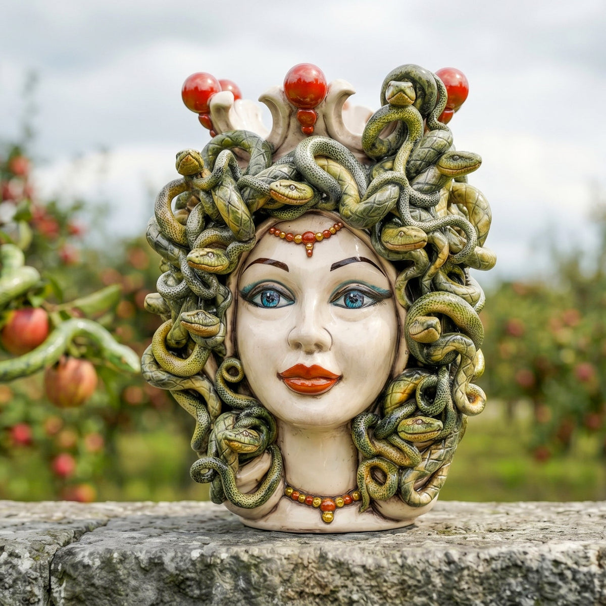 Testa Medusa, Madreperla, chioma di serpenti. Ceramiche Sofia, Caltagirone