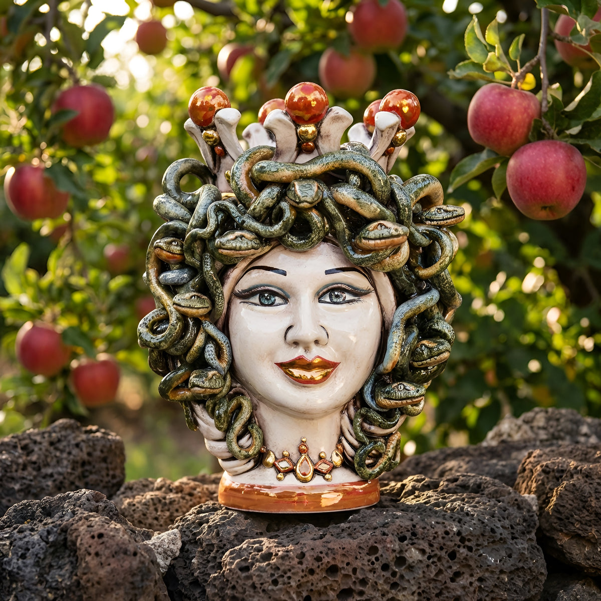 Testa Medusa, Madreperla Antichizzato, chioma di serpenti. Ceramiche Sofia, Caltagirone