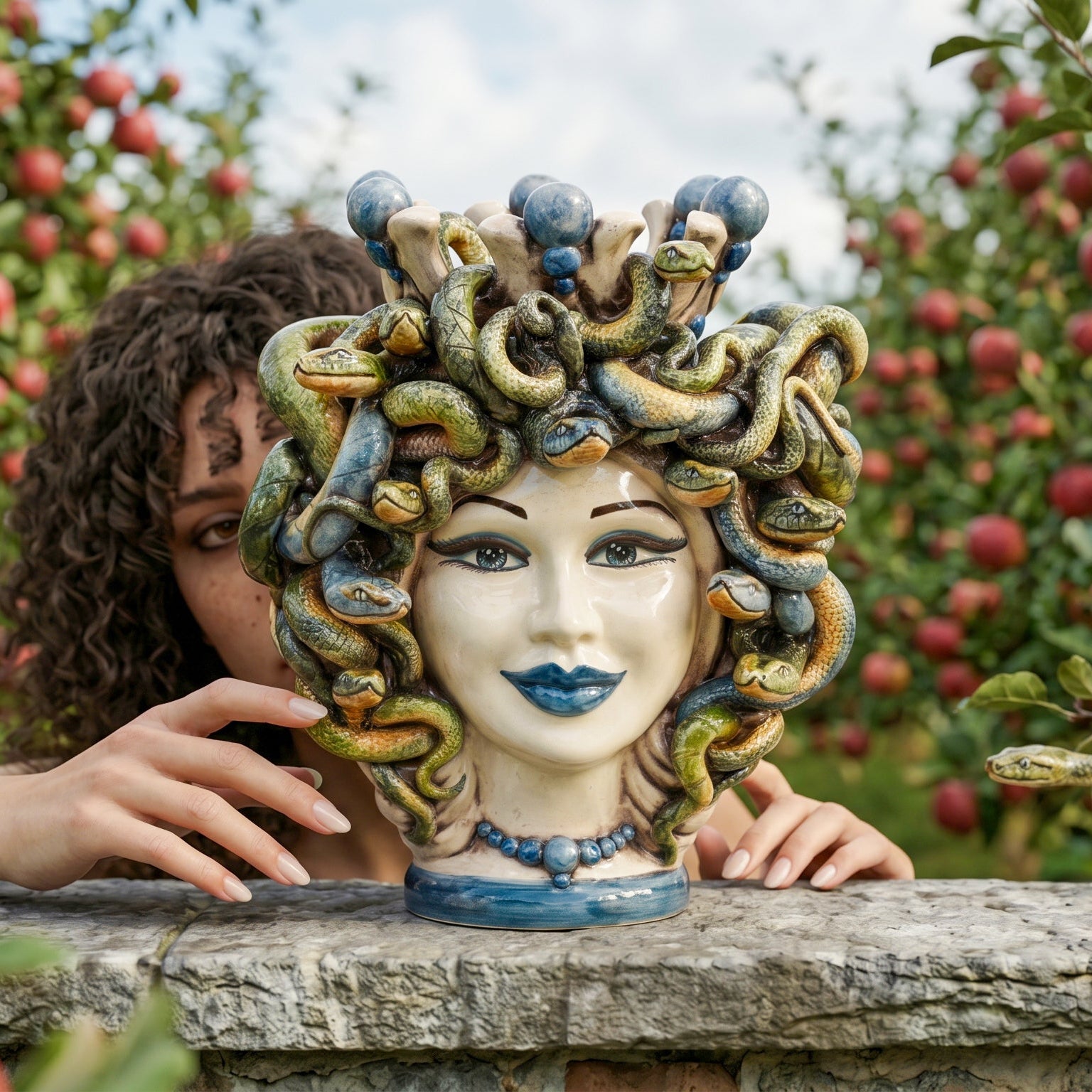 Testa Medusa, con Perline Blu, chioma di serpenti. Ceramica siciliana di Caltagirone, Sofia