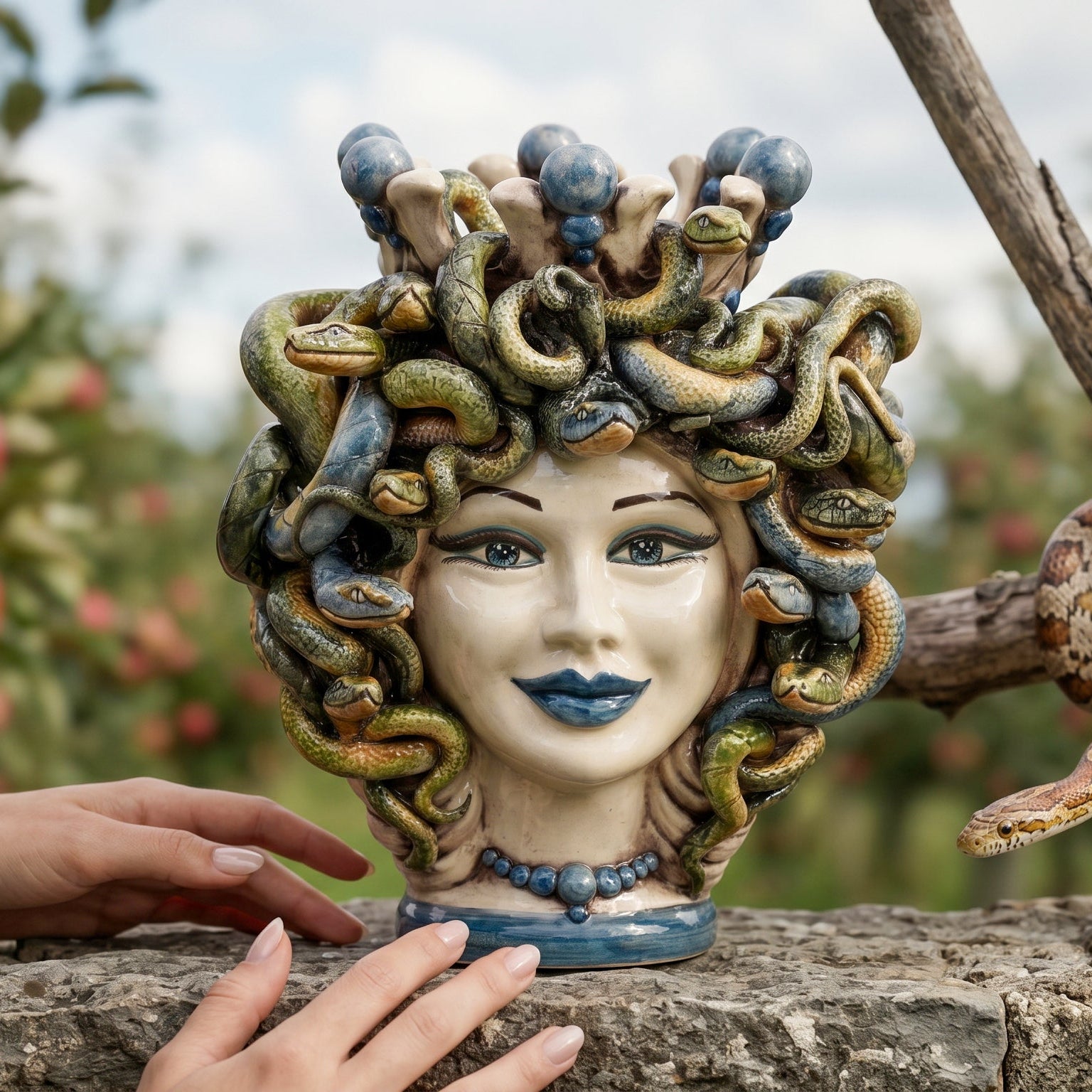 Testa Medusa, con Perline Blu, chioma di serpenti. Ceramica siciliana di Caltagirone, Sofia