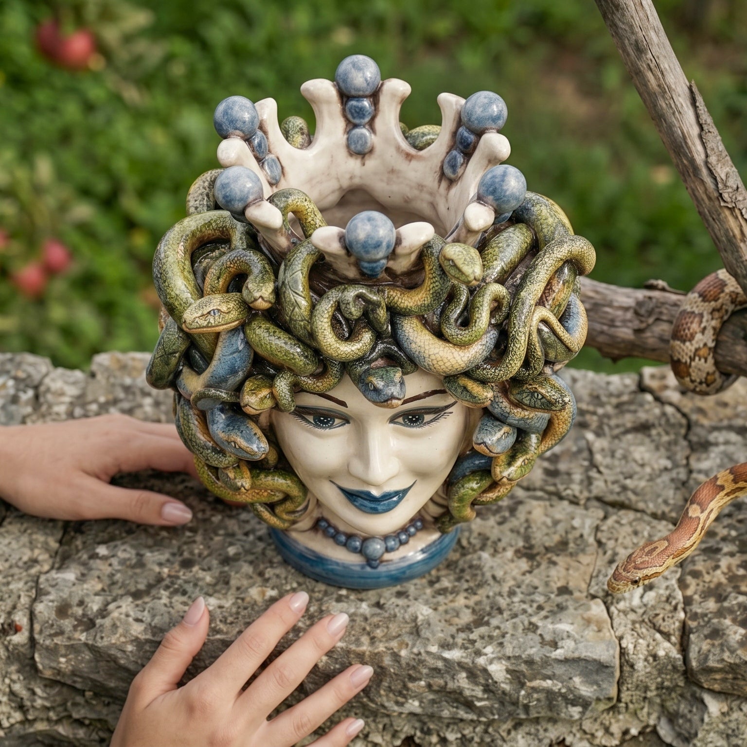 Testa Medusa, con Perline Blu, chioma di serpenti. Ceramica siciliana di Caltagirone, Sofia