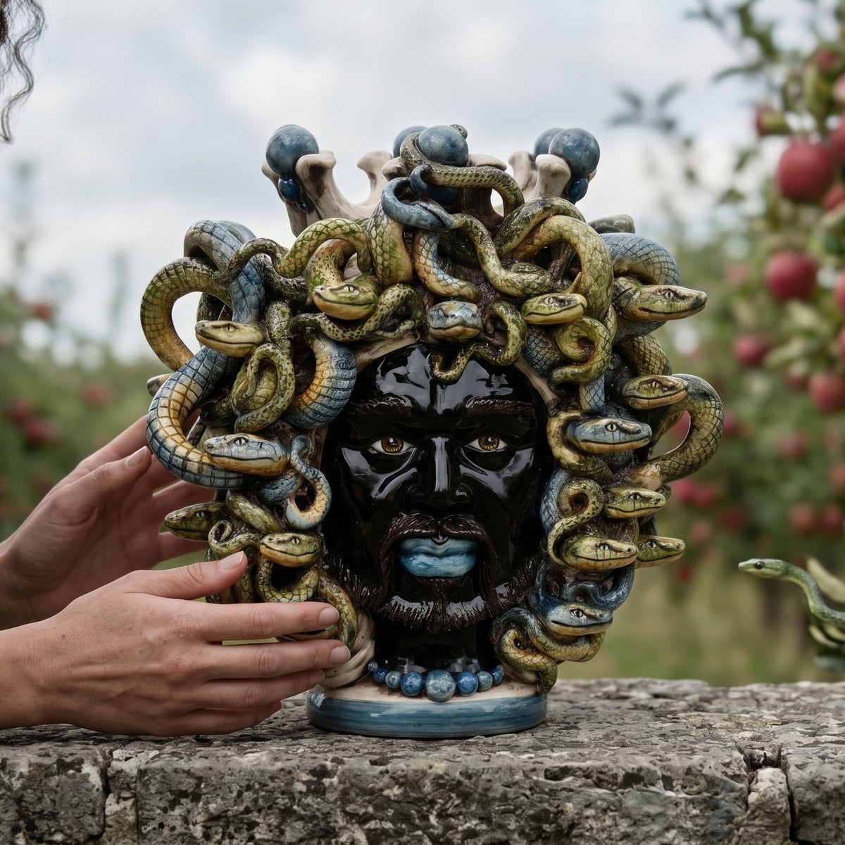 Testa Medusa, con Perline Blu, chioma di serpenti. Ceramica siciliana di Caltagirone, Sofia