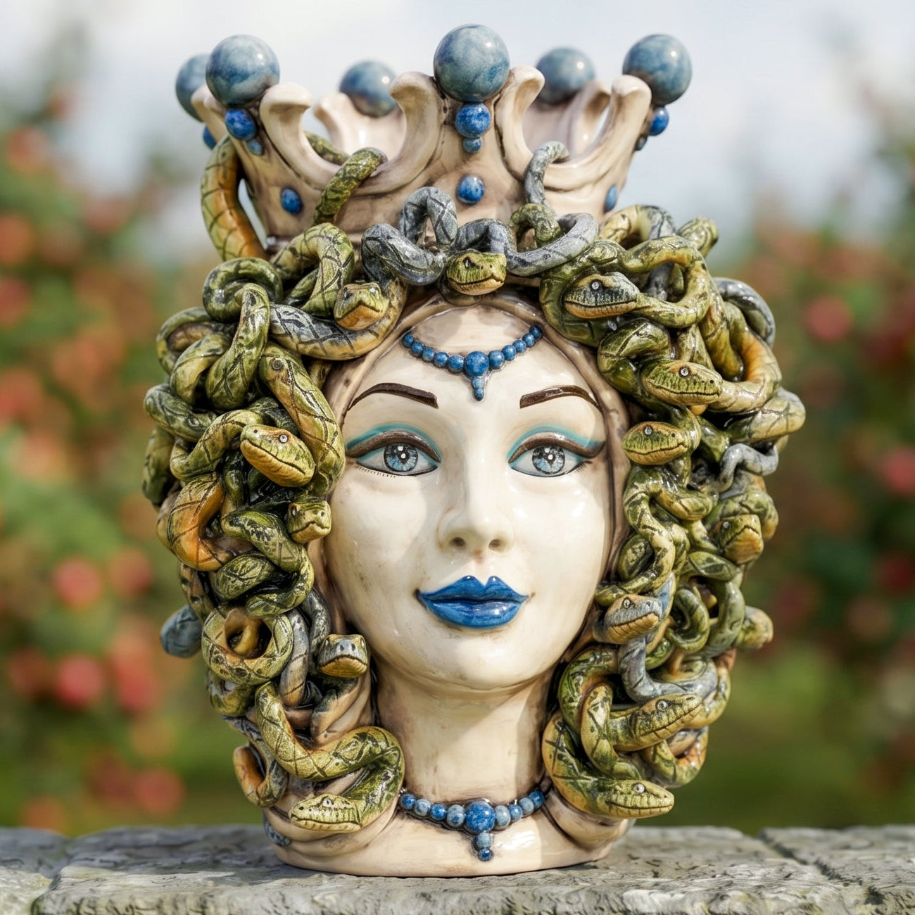 Testa Medusa, Madreperla Antichizzato, Perline Blu, chioma di serpenti. Ceramica siciliana di Caltagirone, Sofia