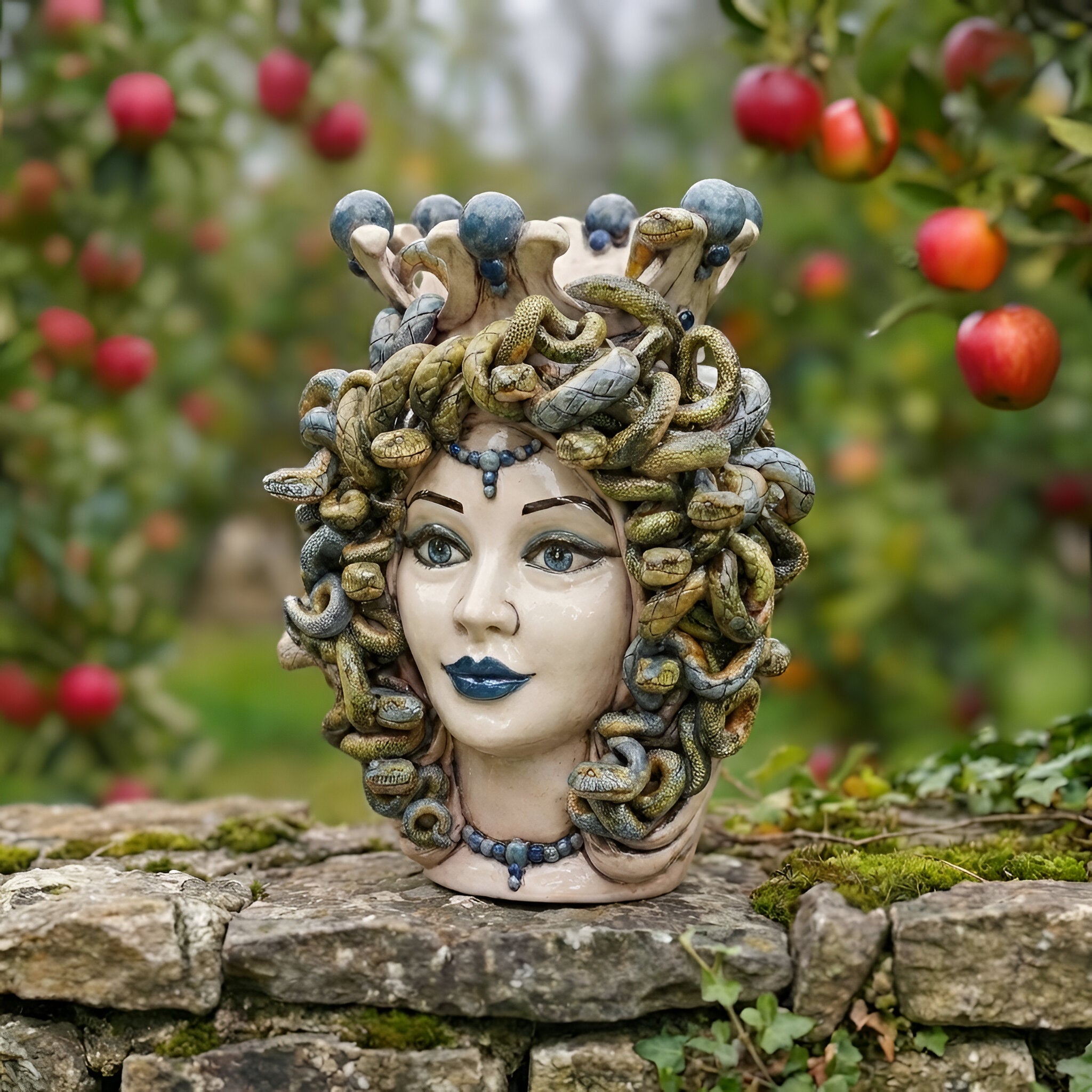 Testa Medusa, Madreperla Antichizzato, Perline Blu, chioma di serpenti. Ceramica siciliana di Caltagirone, Sofia