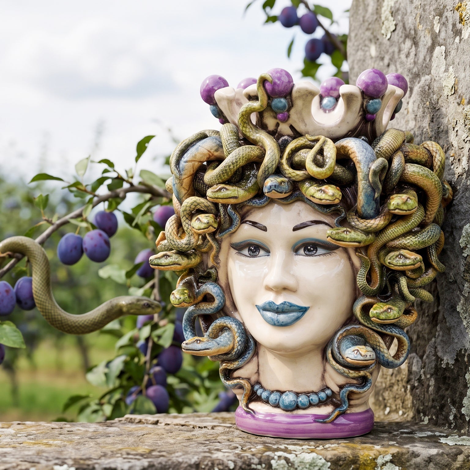 Testa Medusa, con Perline Glicine, chioma di serpenti. Ceramica siciliana di Caltagirone, Sofia