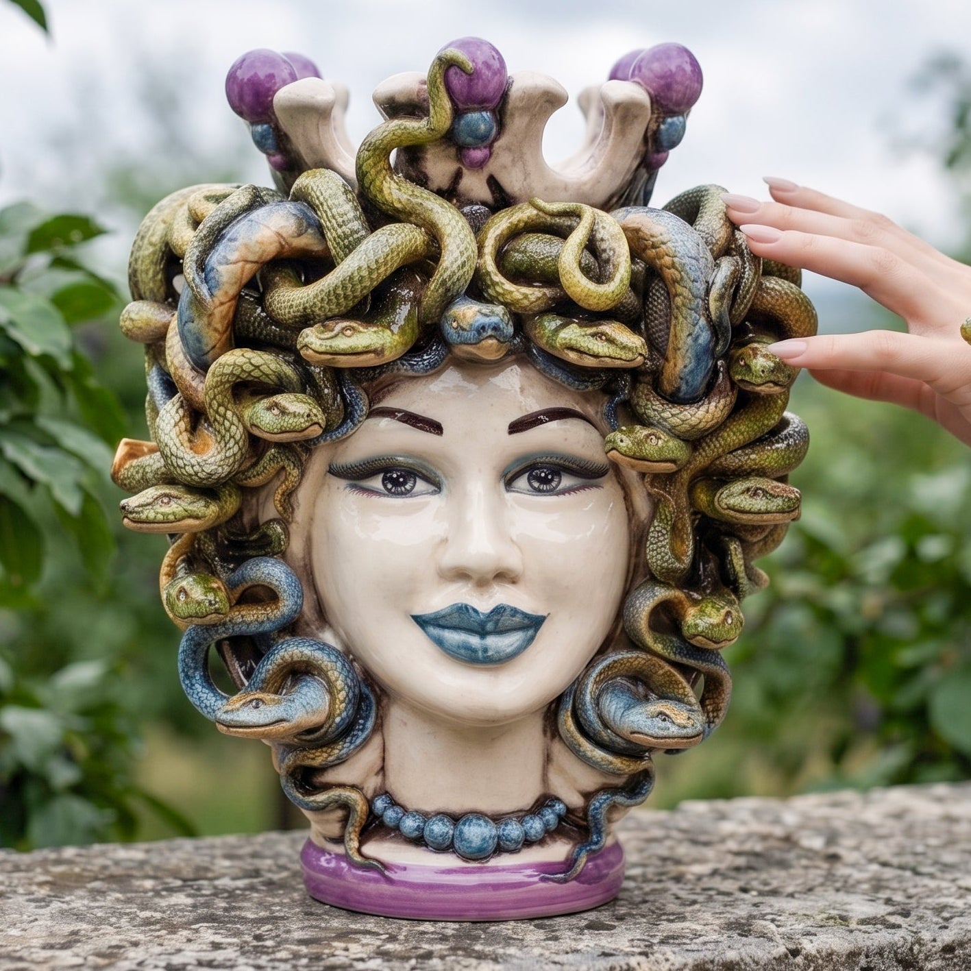 Testa Medusa, con Perline Glicine, chioma di serpenti. Ceramica siciliana di Caltagirone, Sofia