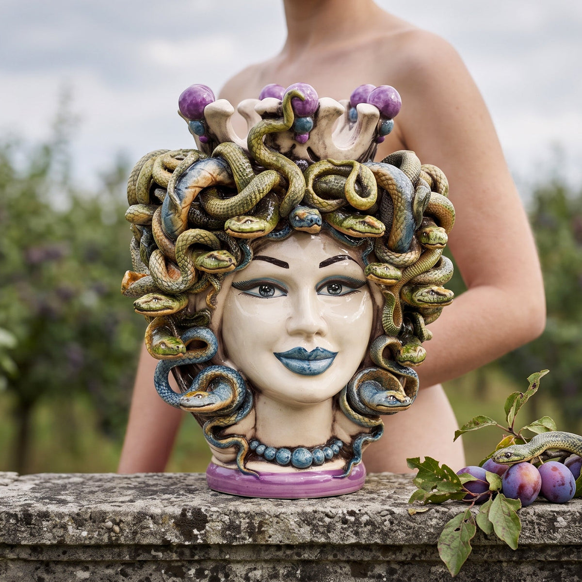 Testa Medusa, con Perline Glicine, chioma di serpenti. Ceramica siciliana di Caltagirone, Sofia