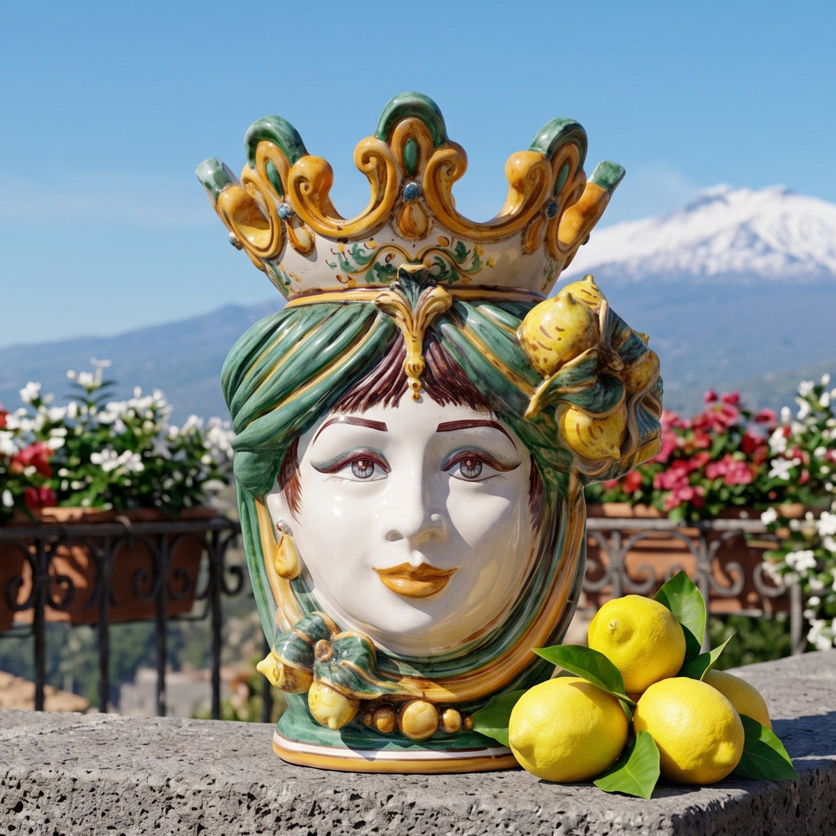 Testa di Moro con Limoni, Donna, Verde e Arancio. Ceramica siciliana di Caltagirone, Sofia