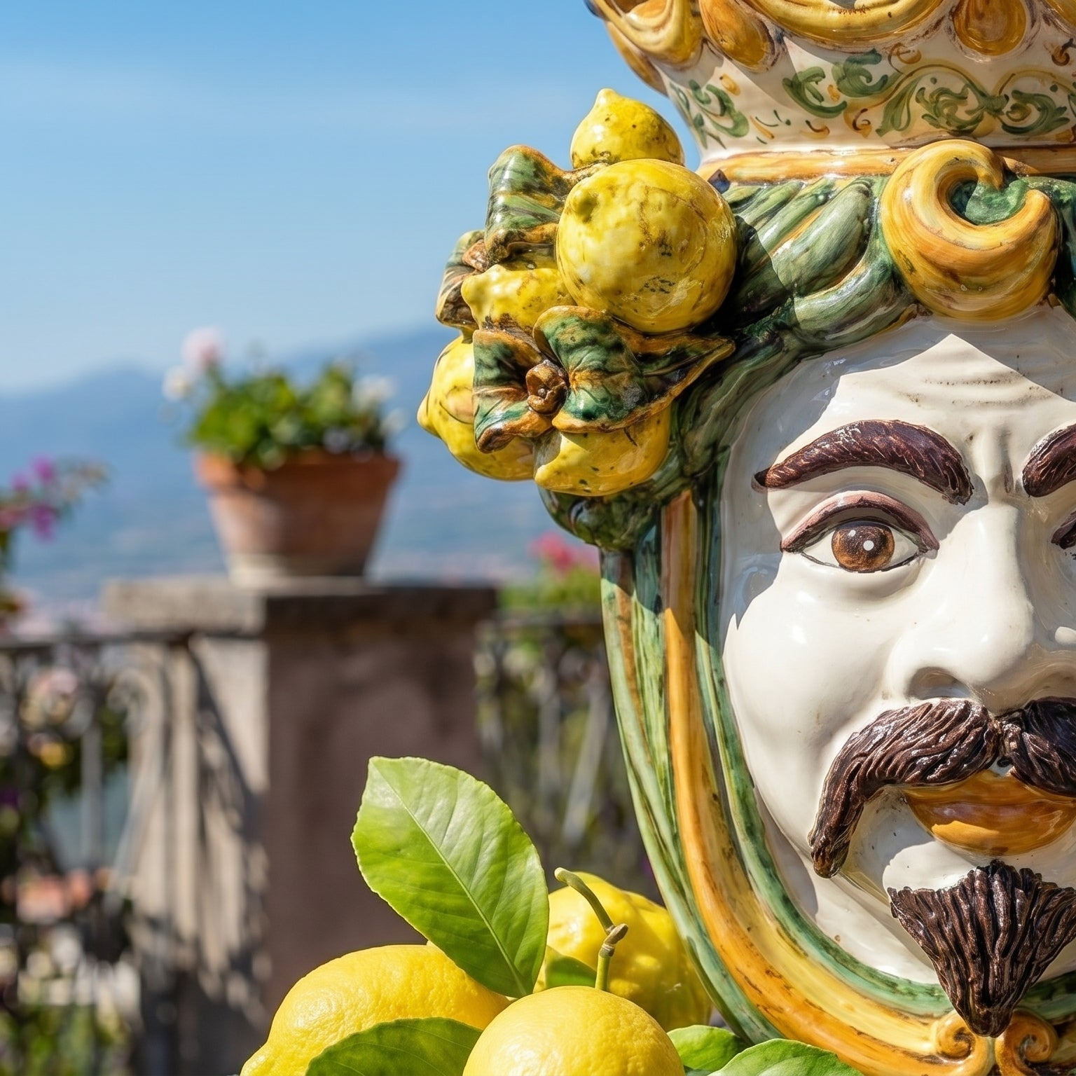 Testa di Moro con Limoni, Maschio Bianco, Verde e Arancio. Ceramica siciliana di Caltagirone, Sofia