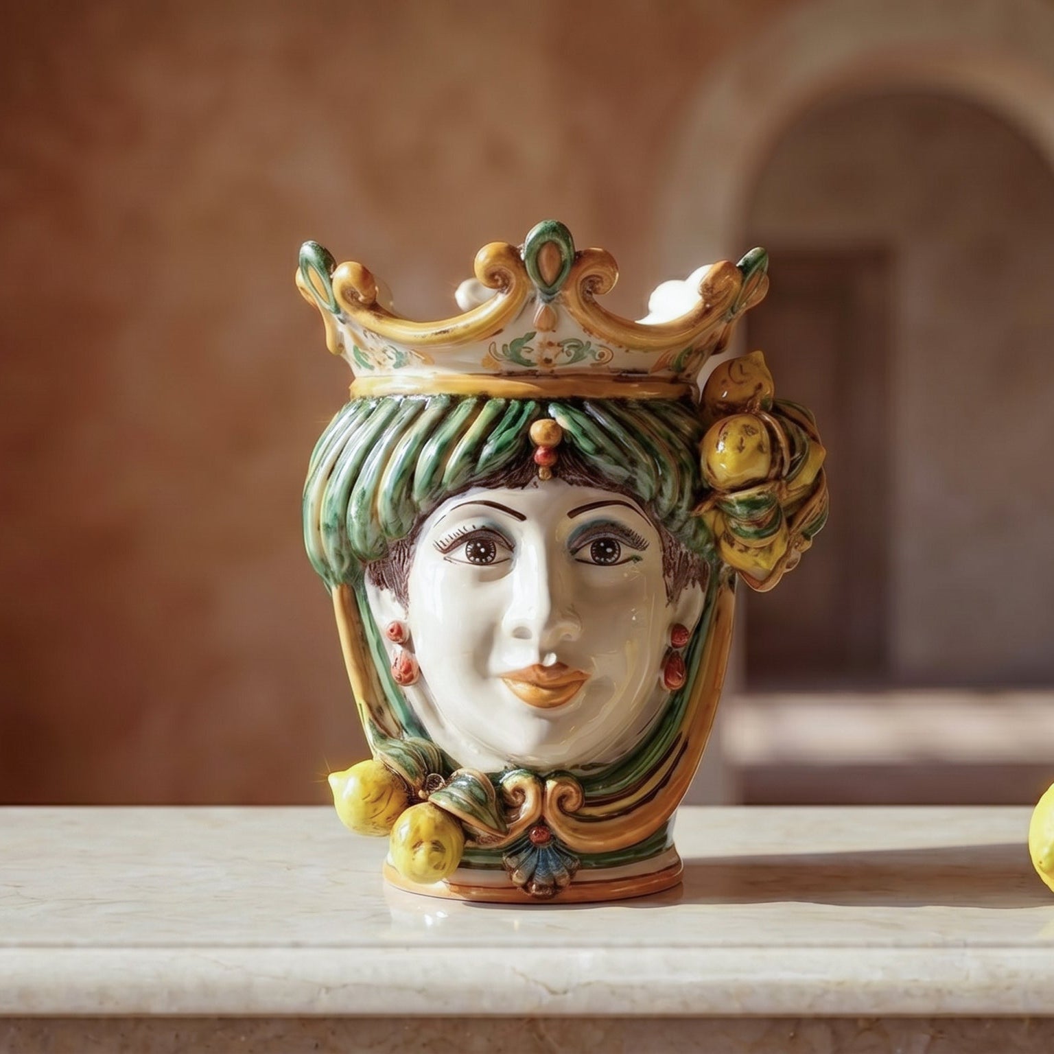 Testa di Moro con Limoni, Donna, Verde e Arancio, corona. Ceramiche Sofia, Caltagirone