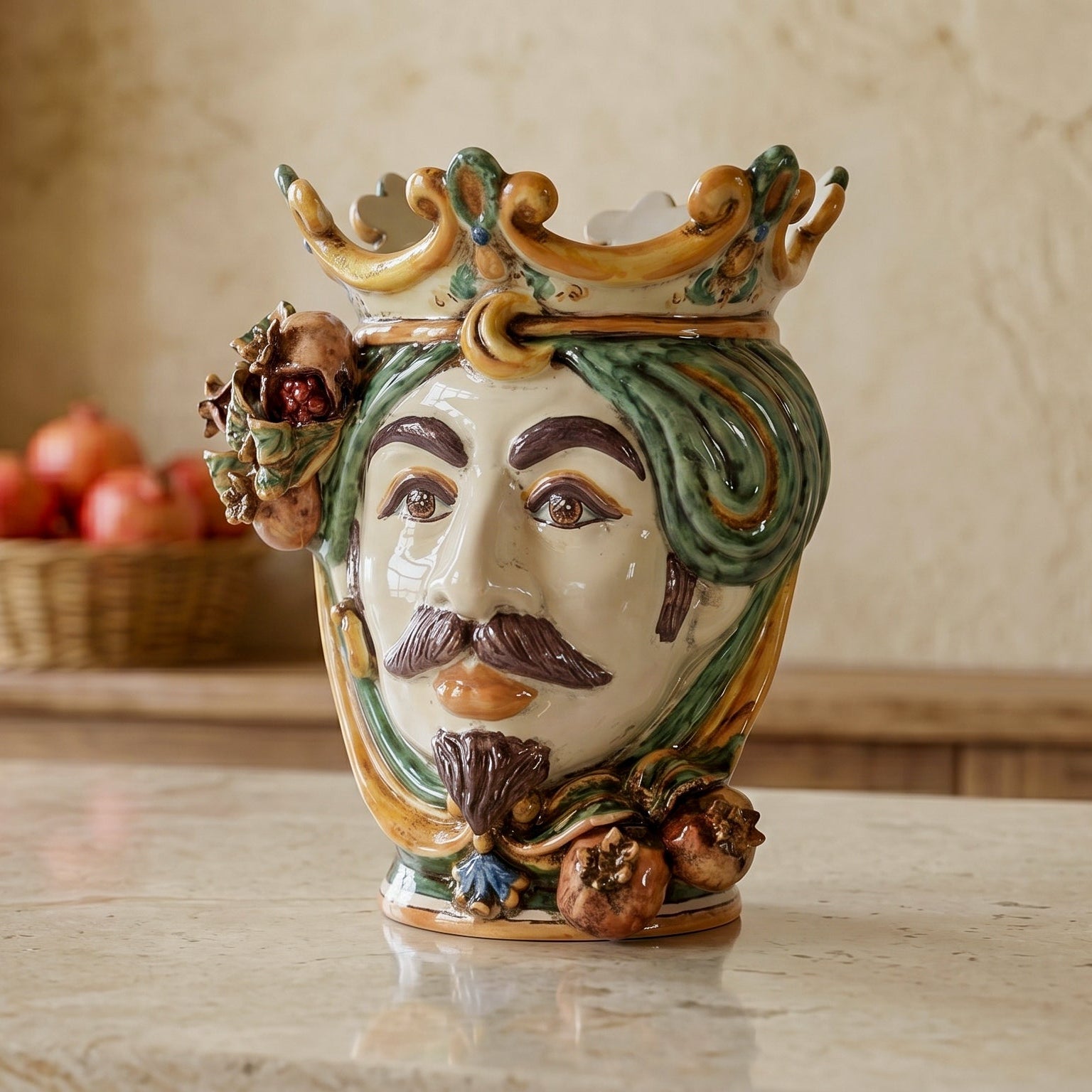Testa di Moro con Melograni, Maschio Bianco, Verde e Arancio, corona. Ceramiche Sofia, Caltagirone