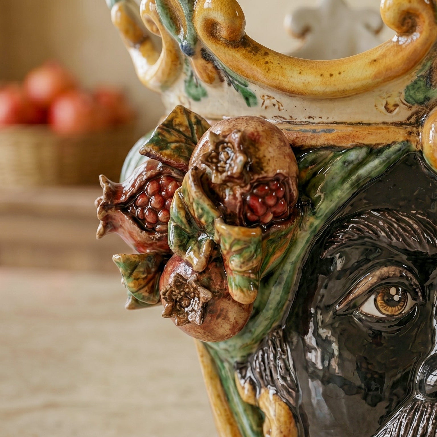 Testa di Moro con Melograni, Maschio Moro, Verde e Arancio, corona. Ceramica siciliana di Caltagirone, Sofia