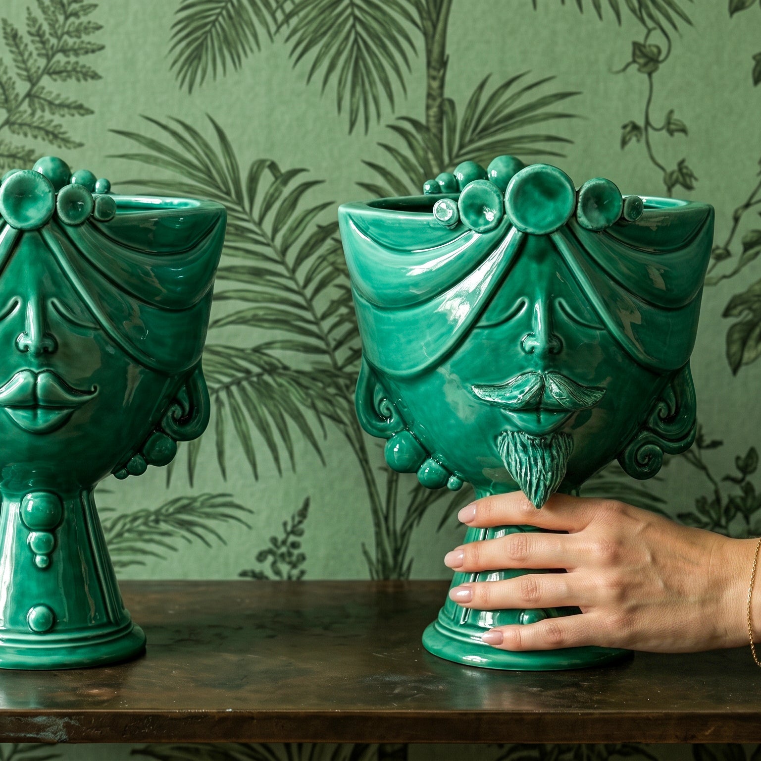 Testa Zahira h 30 cm - Uomo, Verde Smeraldo | Ceramica Caltagirone