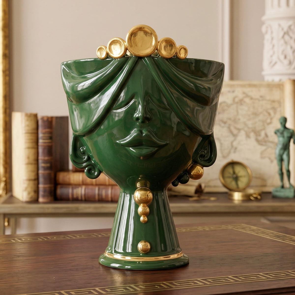 Testa Zahira h 30 cm - Donna, Verde e Oro | Ceramica Caltagirone