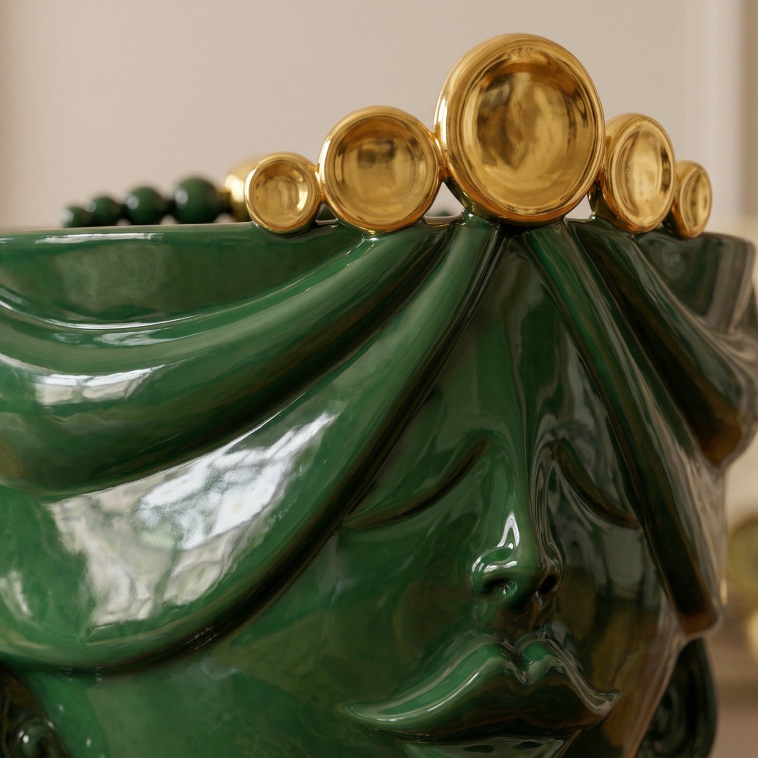 Testa Zahira h 30 cm - Donna, Verde e Oro | Ceramica Caltagirone