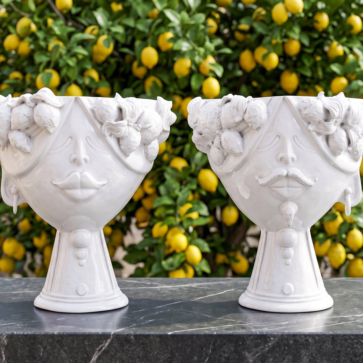 Testa Zahira con Limoni h 30 cm - Uomo, White Line | Ceramica Caltagirone