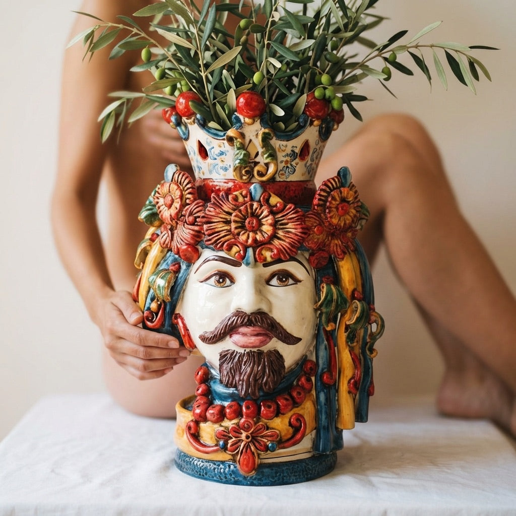 Testa di Moro con Turbante, Maschio Bianco, Decoro Sicily. Ceramica siciliana di Caltagirone, Sofia