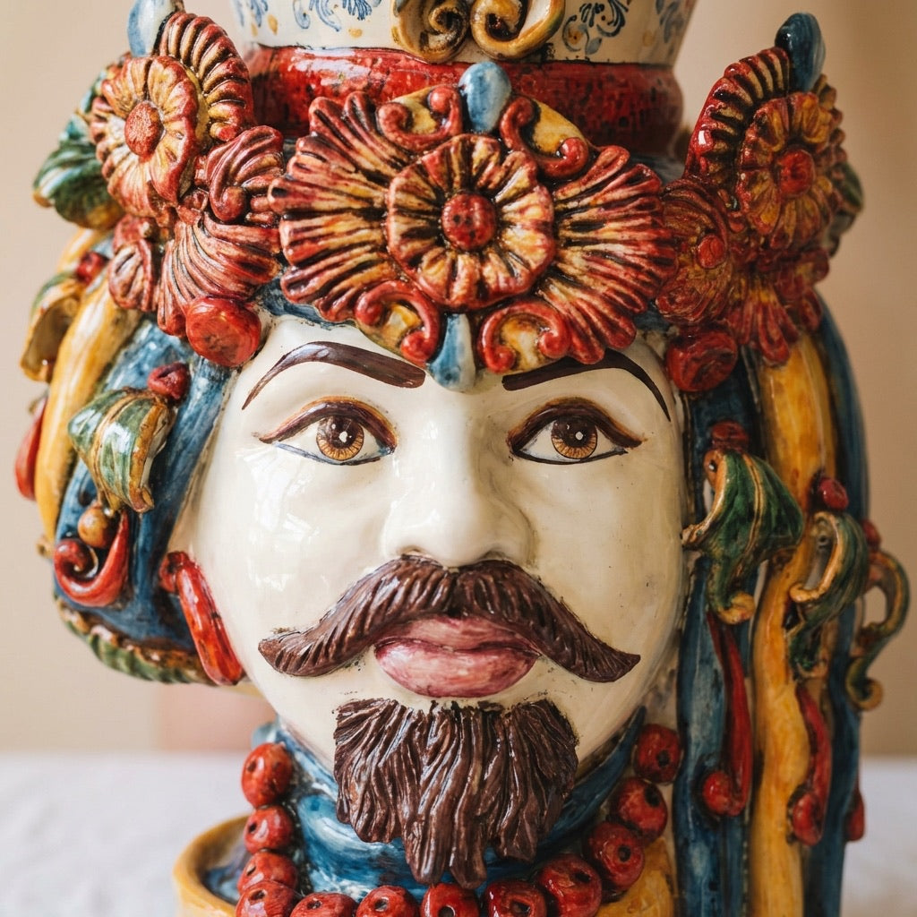 Testa di Moro con Turbante, Maschio Bianco, Decoro Sicily. Ceramica siciliana di Caltagirone, Sofia
