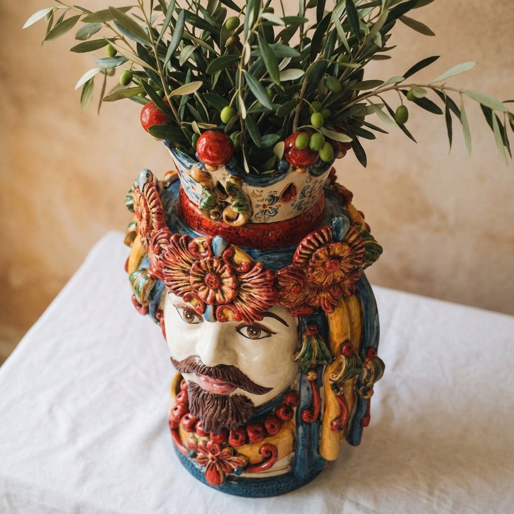 Testa di Moro con Turbante, Maschio Bianco, Decoro Sicily. Ceramica siciliana di Caltagirone, Sofia