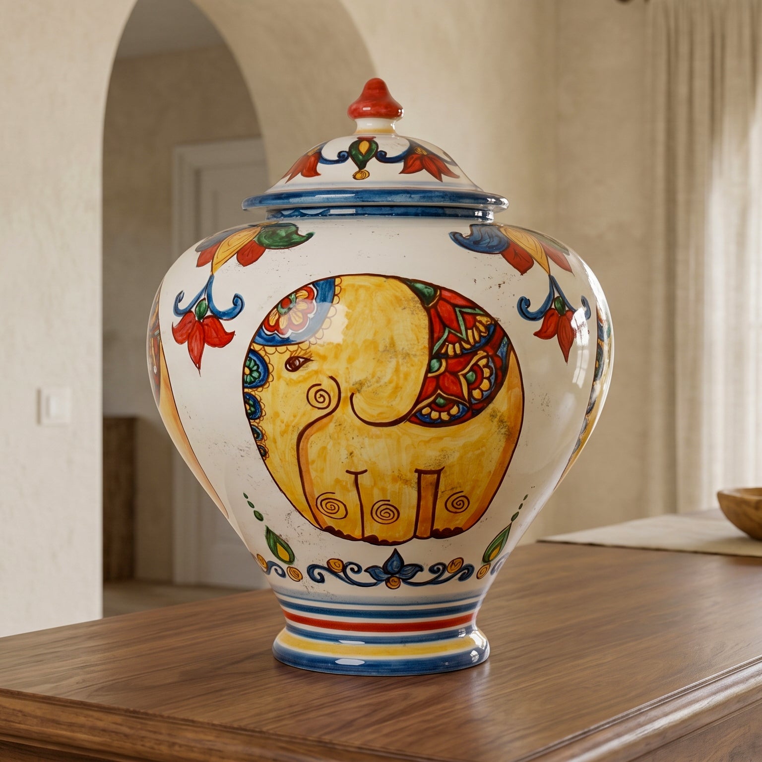 Potiche, Decoro Elefante, decoro barocco, coperchio. Ceramica siciliana di Caltagirone, Sofia