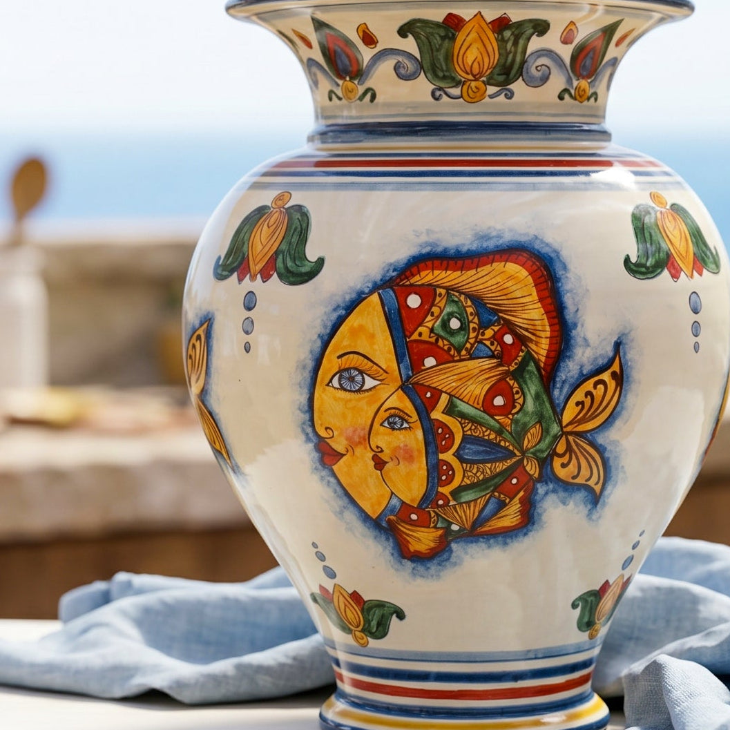 Vaso a Collo Alto, Decoro Pesci, fiori. Ceramica siciliana di Caltagirone, Sofia