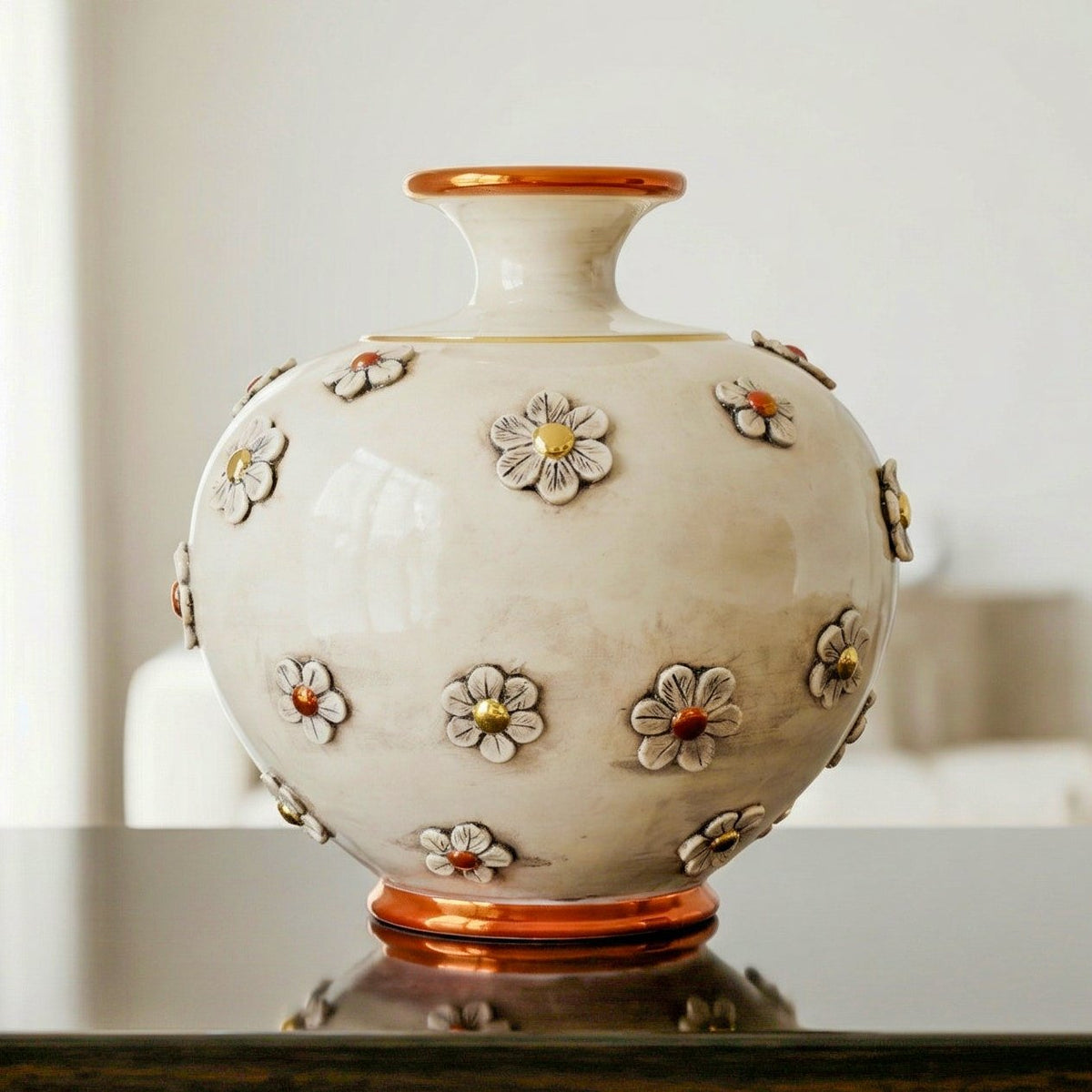 Vaso Palla con Fiori in Ceramica di Caltagirone h 35 cm - Madreperla Antichizzato Oro e Lustri