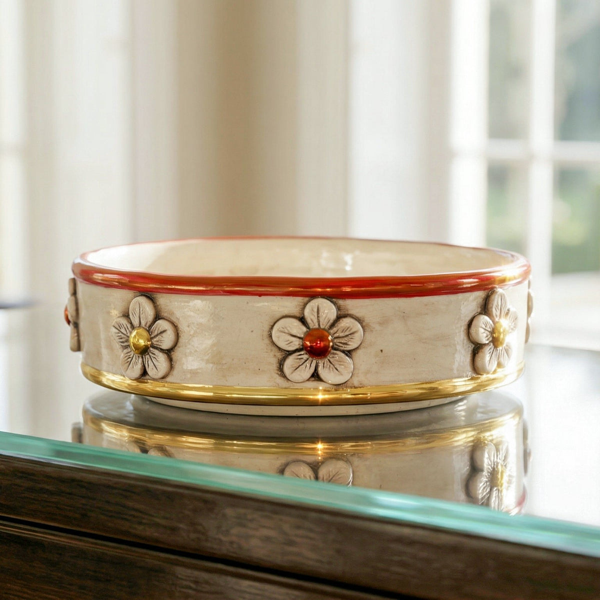 Centrotavola con Fiori in Ceramica di Caltagirone Ø 20 cm - Madreperla Antichizzato Oro e Lustri