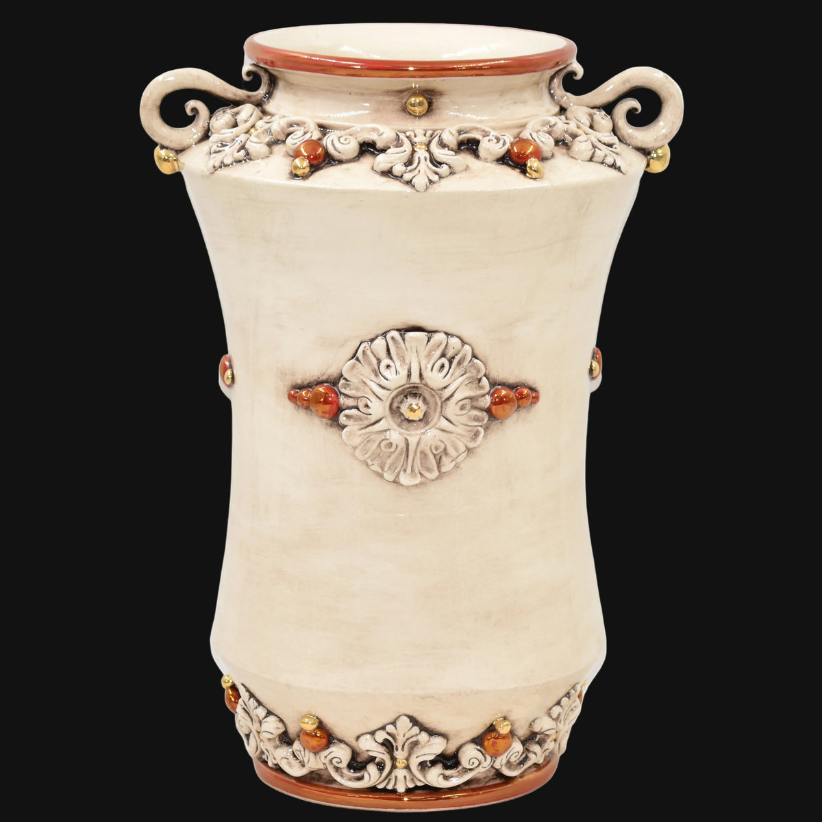 Vaso Albarello con Manici in Ceramica di Caltagirone h 35 cm - Plastico Sofia, Madreperla Antichizzato Oro e Lustri