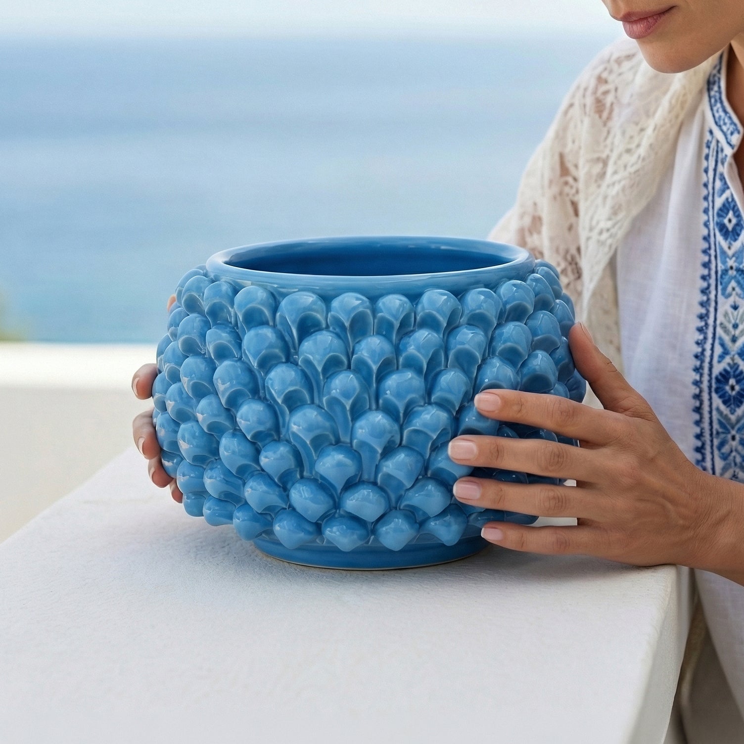 Vaso Mezza Pigna Senza Piede, Turchese. Ceramiche Sofia, Caltagirone