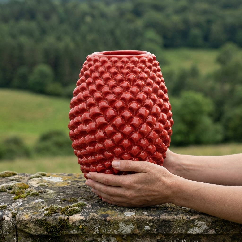 Vaso Pigna Botte, Rosso Fuoco, fiori, scaglie. Ceramica siciliana di Caltagirone, Sofia