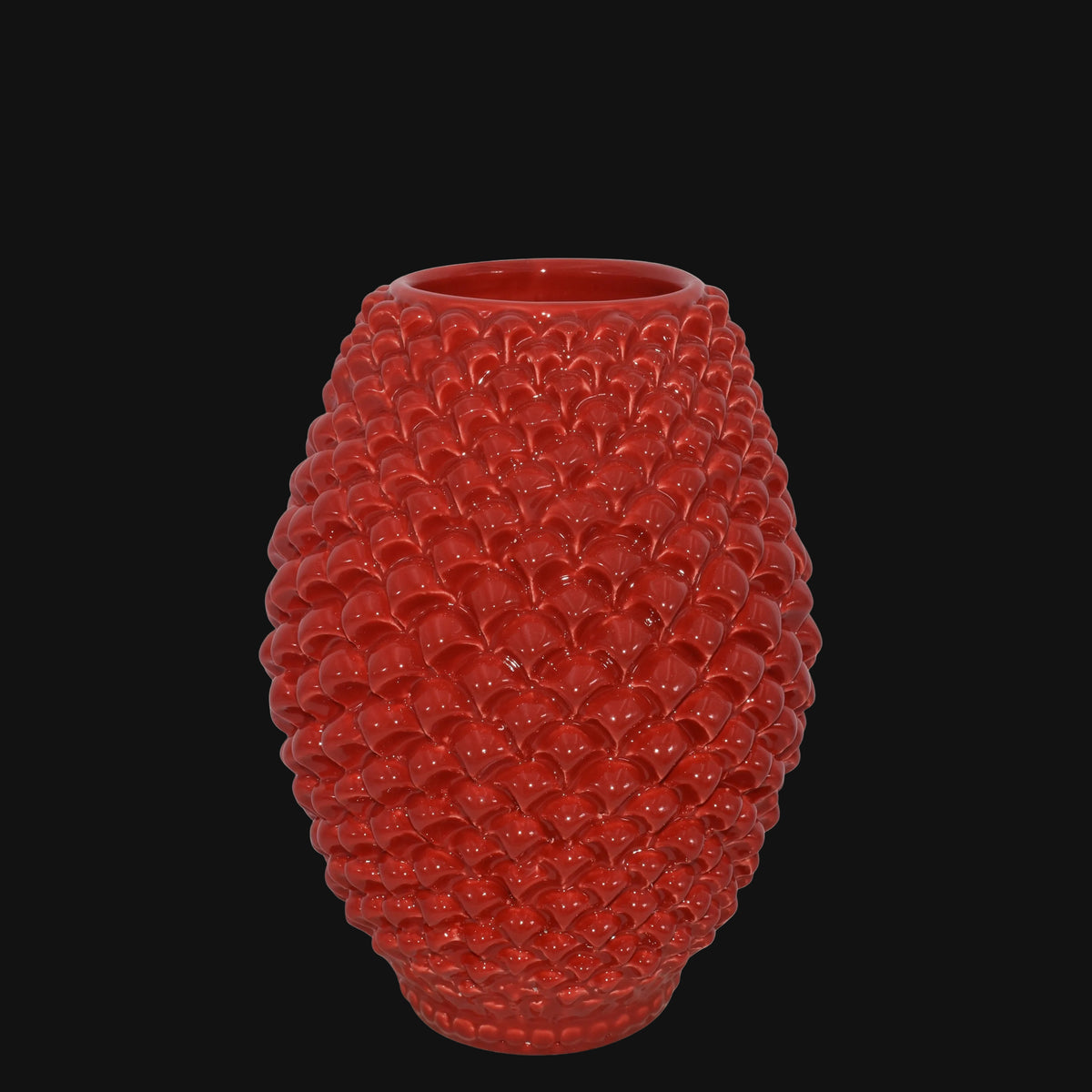 Vaso Pigna Botte, Rosso Fuoco, fiori, scaglie. Ceramica siciliana di Caltagirone, Sofia