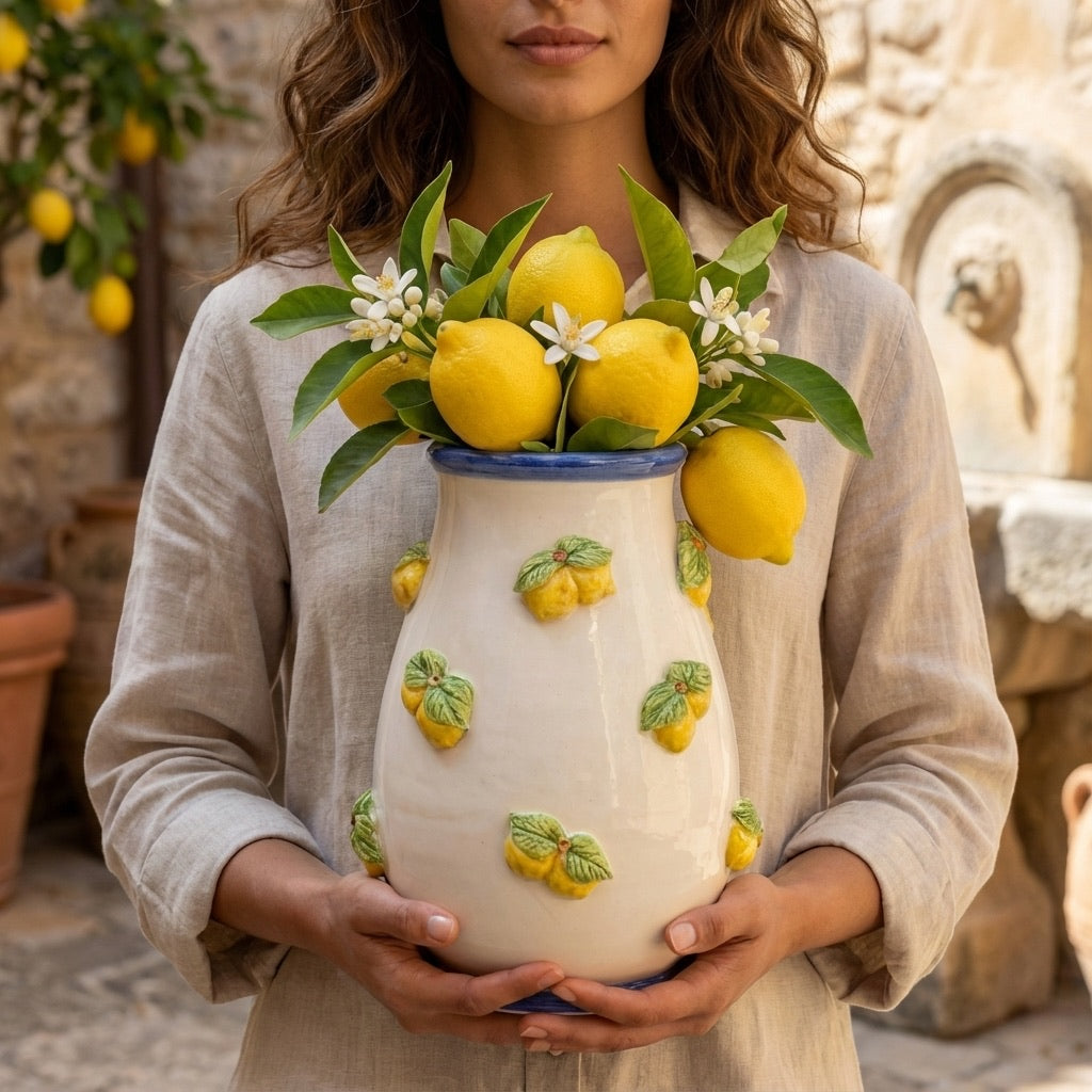 Vaso con limoni white and lemon. Ceramica siciliana di Caltagirone, Sofia
