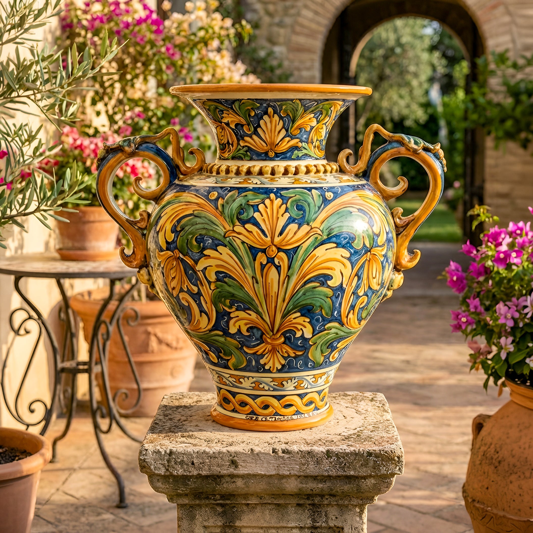 Vaso Anfora, Ornato Calatino, manici. Ceramica siciliana di Caltagirone, Sofia