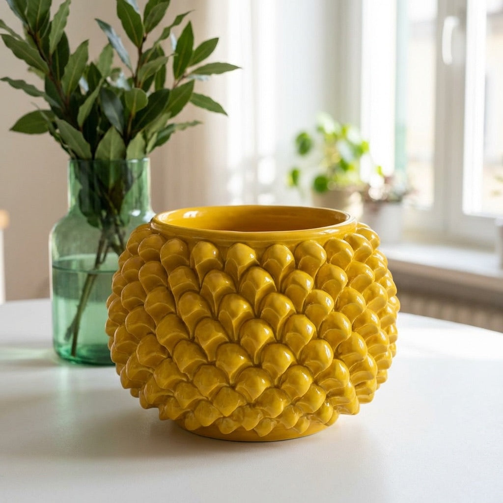 Vaso Mezza Pigna Senza Piede, Senape. Ceramica siciliana di Caltagirone, Sofia