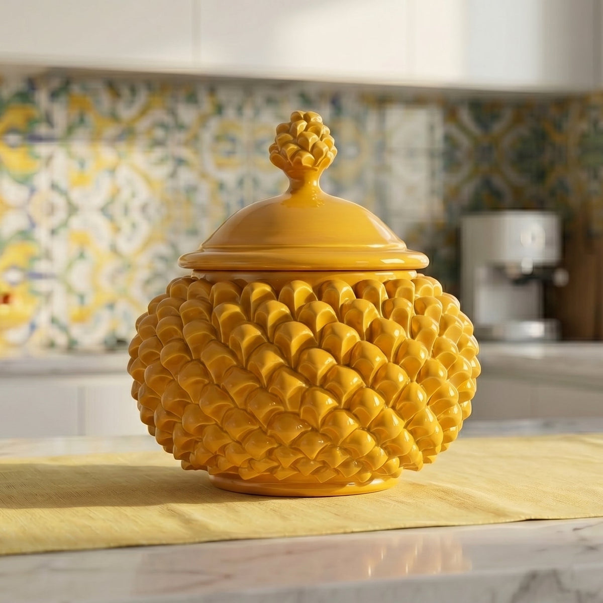 Biscottiera a Pigna, Senape, scaglie, coperchio. Ceramiche Sofia, Caltagirone