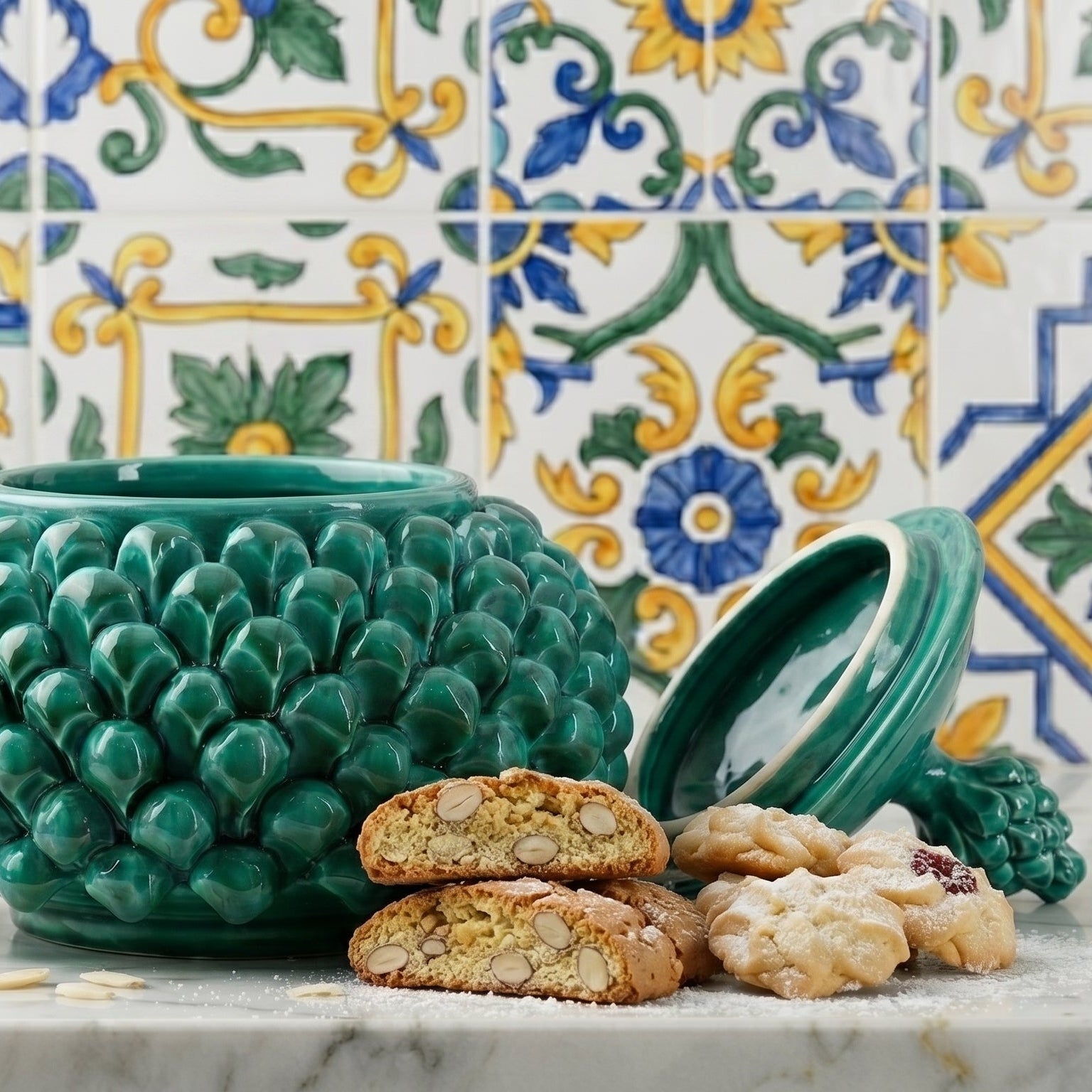 Biscottiera a Pigna, Verde Smeraldo, scaglie, coperchio. Ceramiche Sofia, Caltagirone